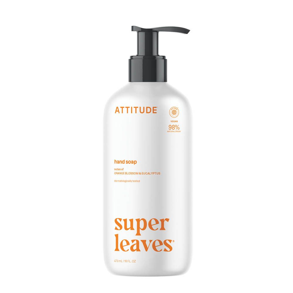 Flacon pompe blanc ATTITUDE, savon pour les mains, parfum Fleur d'oranger & Eucalyptus. 473ml.