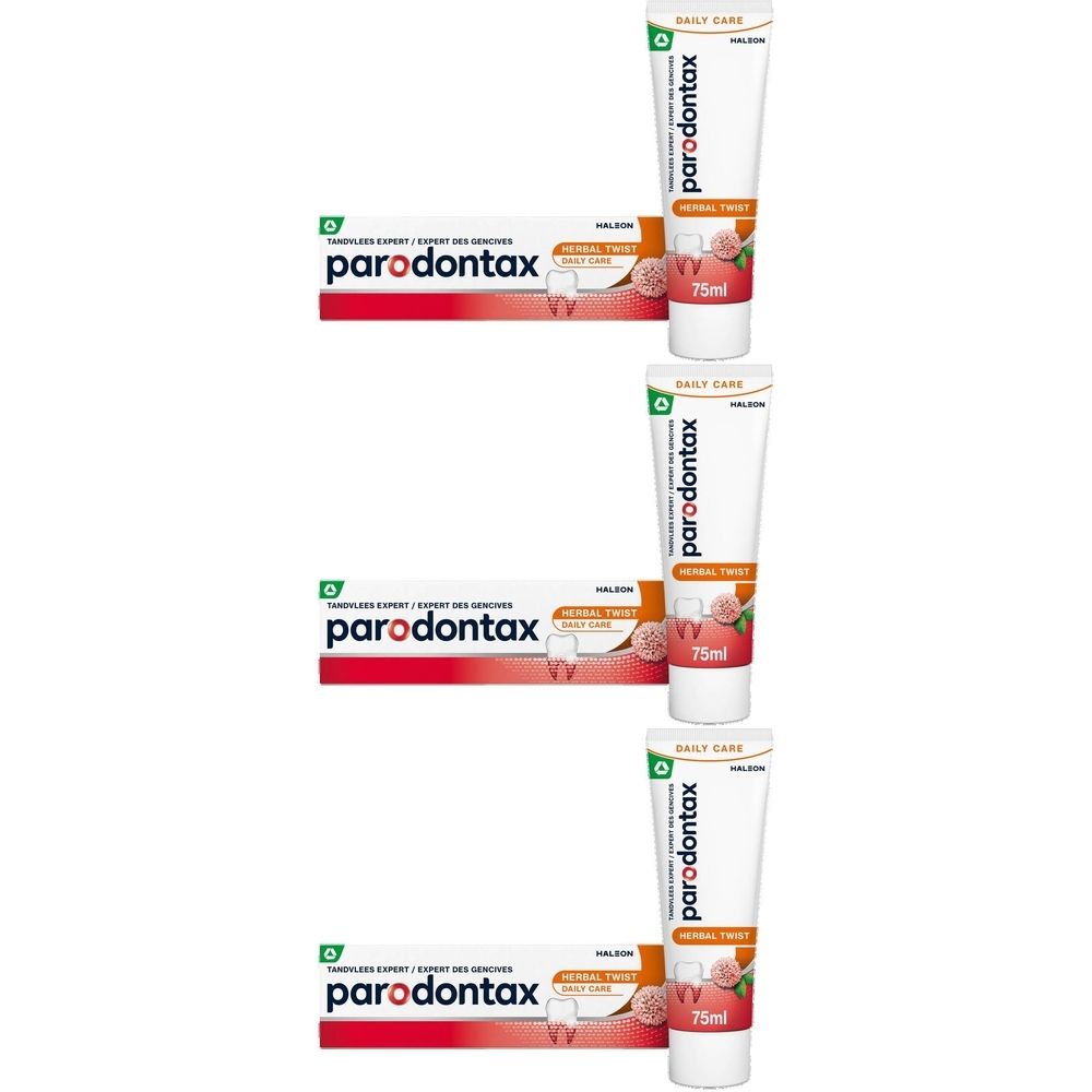 Trois tubes de dentifrice Parodontax Herbal Twist et emballage. Tubes blancs avec texte vert. Inscription : Herbal Twist, 75ml.