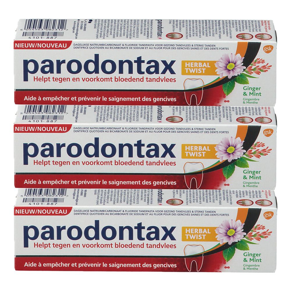 Trois tubes de dentifrice Parodontax. Inscription: Herbal Twist, Ginger & Mint. Emballage avec design rouge et blanc.