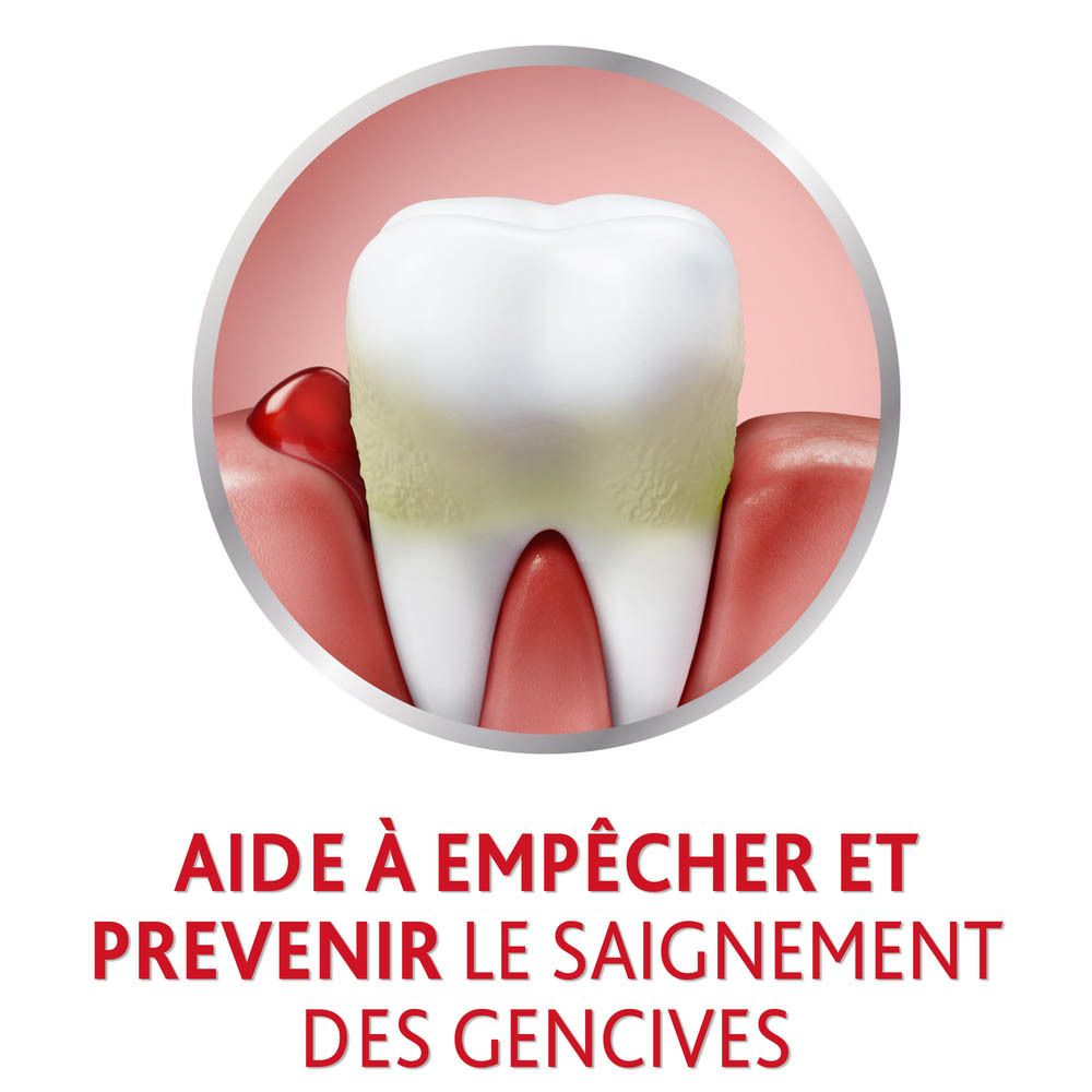 Dent avec gencive saignant. Cercle rouge avec texte : "AIDE À EMPÊCHER ET PRÉVENIR LE SAIGNEMENT DES GENCIVES".