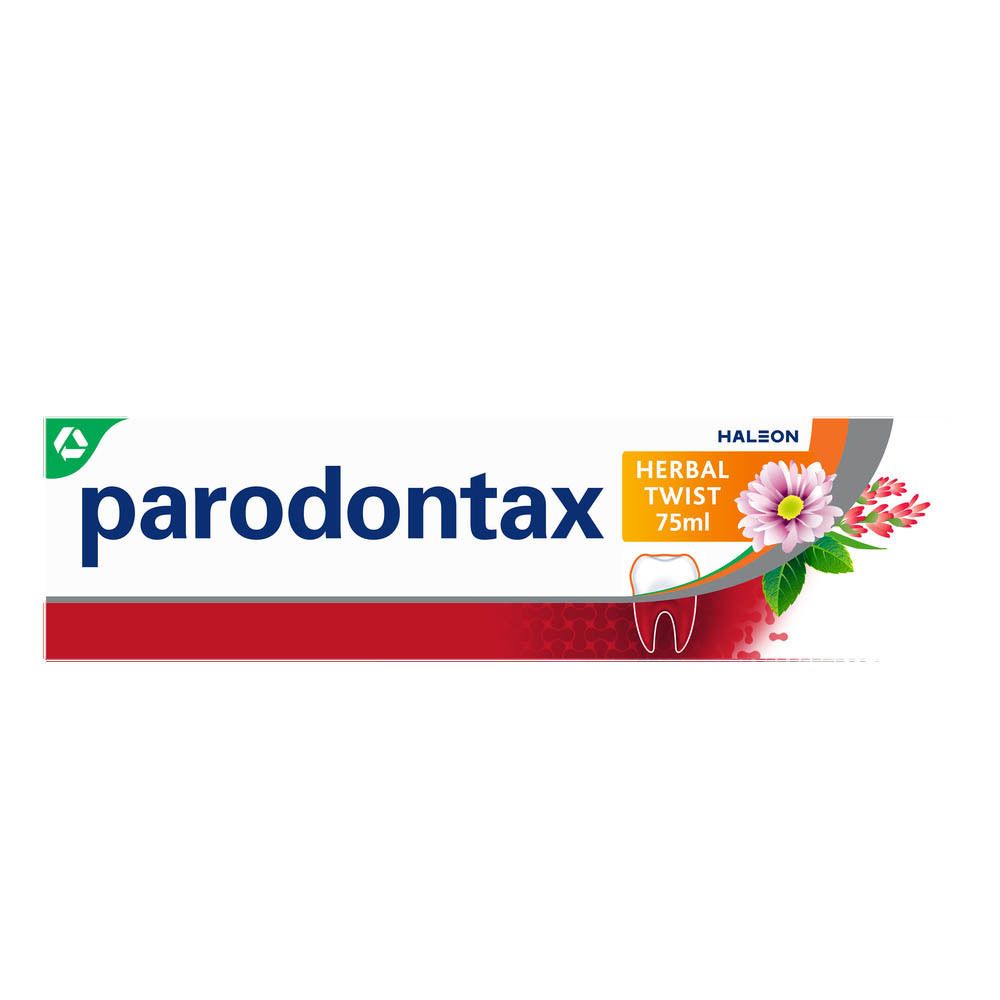 Tube de dentifrice Parodontax Herbal Twist. Blanc avec texte vert, motifs floraux et 75ml. Marque Haleon.