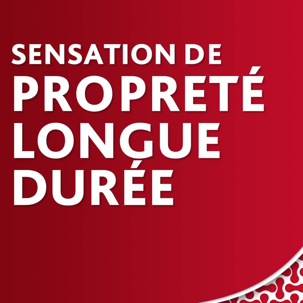 Texte sur fond rouge : Sensation de propreté longue durée. Dentifrice.