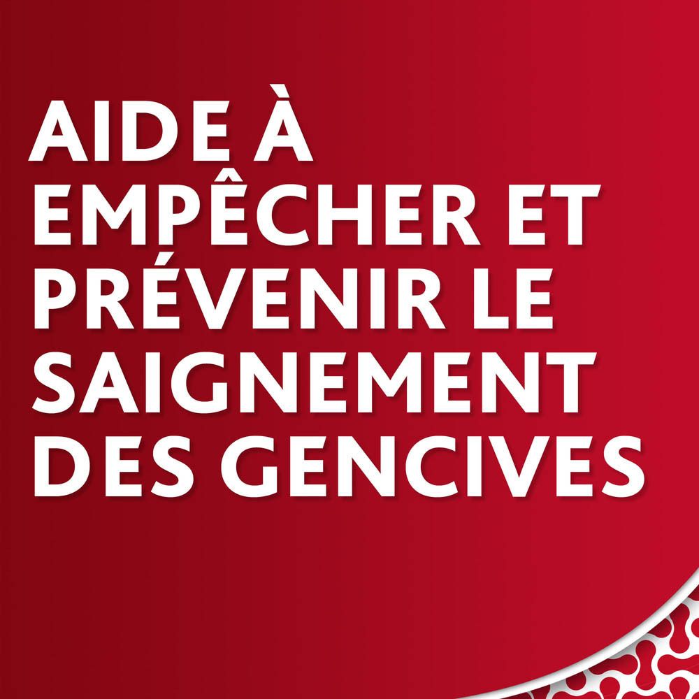 Texte sur fond rouge : Aide à empêcher et prévenir le saignement des gencives. Dentifrice.