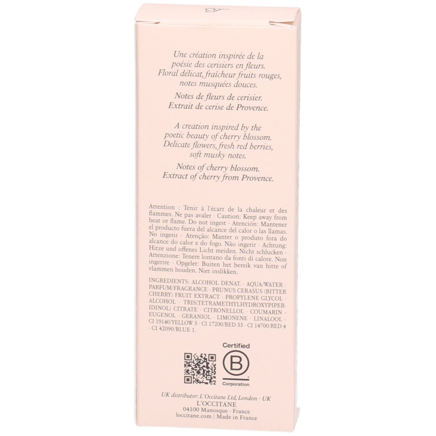 Arrière de la boîte d'emballage rose L'OCCITANE Eau de Toilette avec texte.