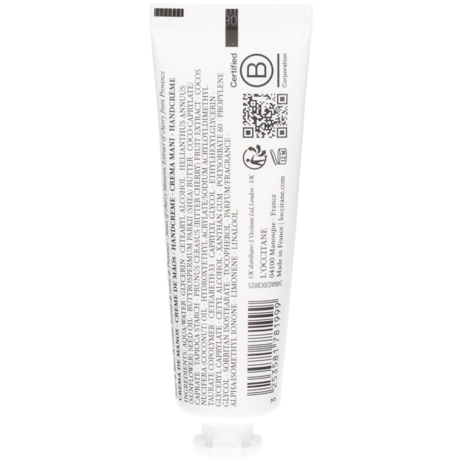 Arrière d'un tube de crème pour les mains L'OCCITANE avec ingrédients et certifications.