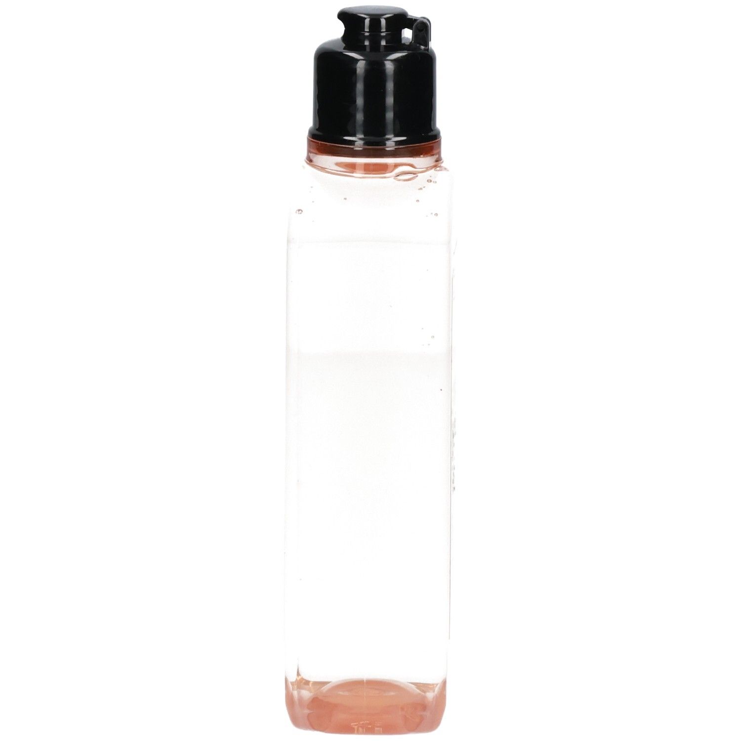 Gel douche L'Occitane Fleurs de Cerisier, vue de côté du flacon transparent avec bouchon noir.