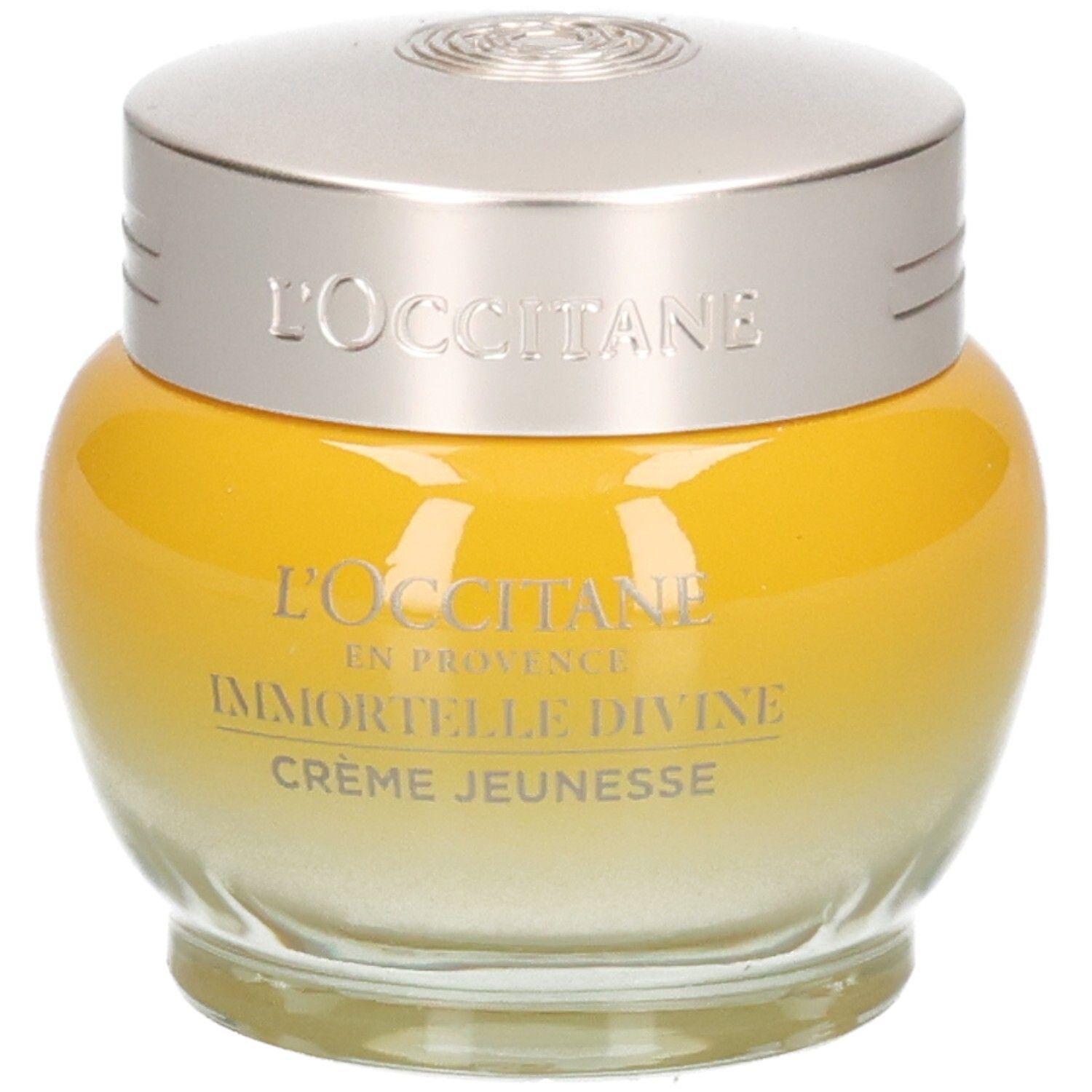 L'OCCITANE Immortelle Divine Crème Jeunesse dans un pot en verre jaune avec un couvercle argenté.