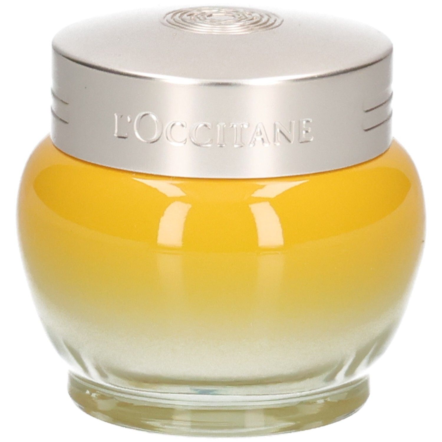 L'OCCITANE Immortelle Divine Crème Jeunesse dans un pot en verre jaune avec un couvercle argenté.
