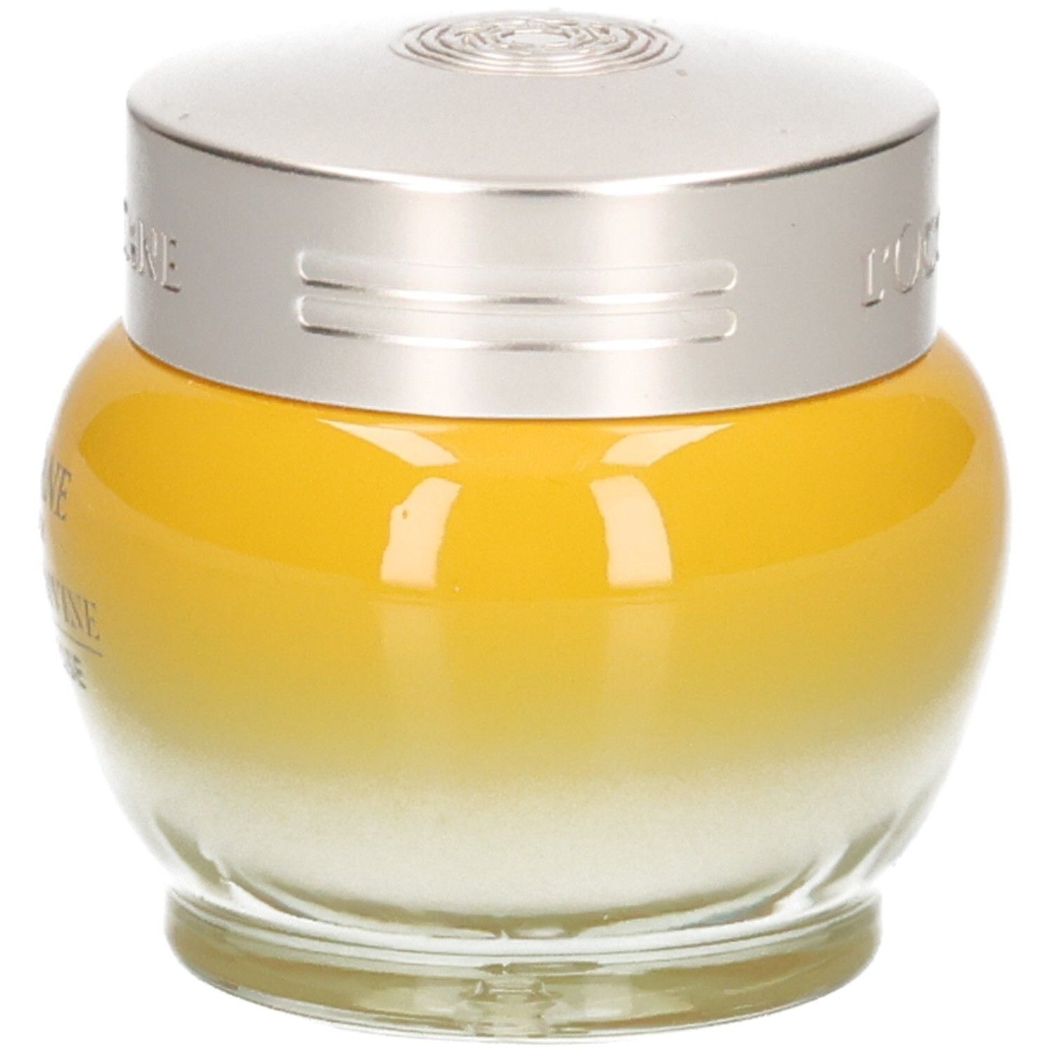 L'OCCITANE Immortelle Divine Crème Jeunesse dans un pot en verre jaune avec un couvercle argenté.