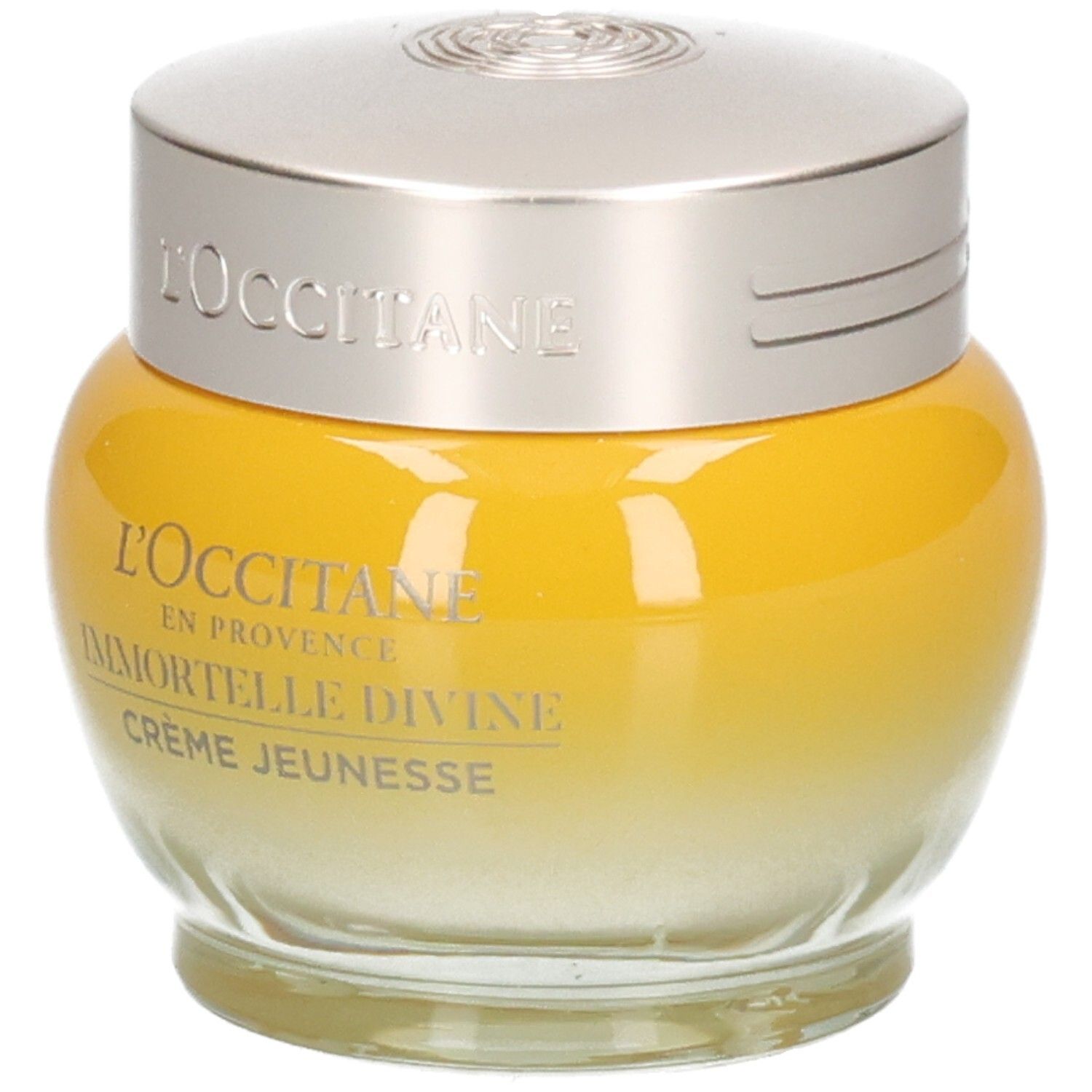L'OCCITANE Immortelle Divine Crème Jeunesse dans un pot en verre jaune avec un couvercle argenté.
