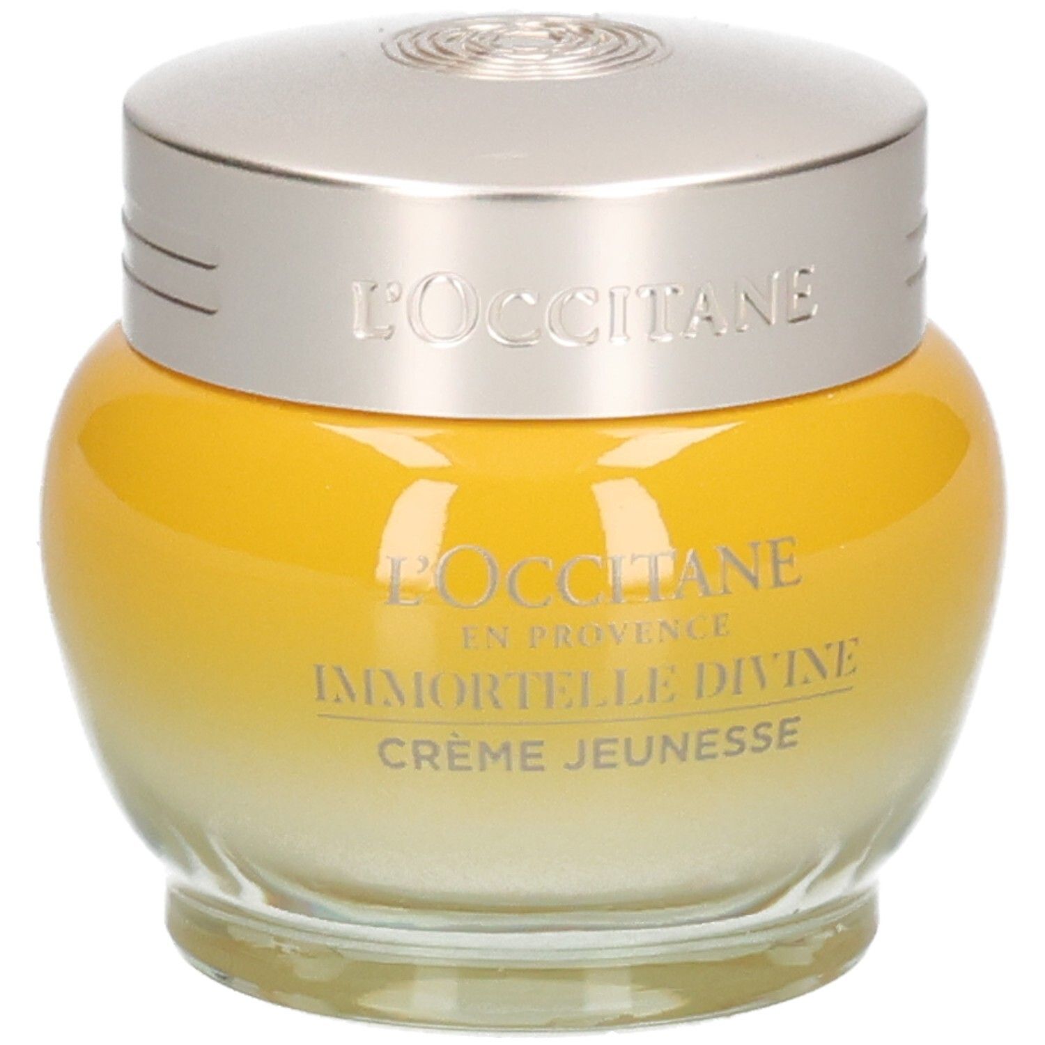 L'OCCITANE Immortelle Divine Crème Jeunesse dans un pot en verre jaune avec un couvercle argenté.