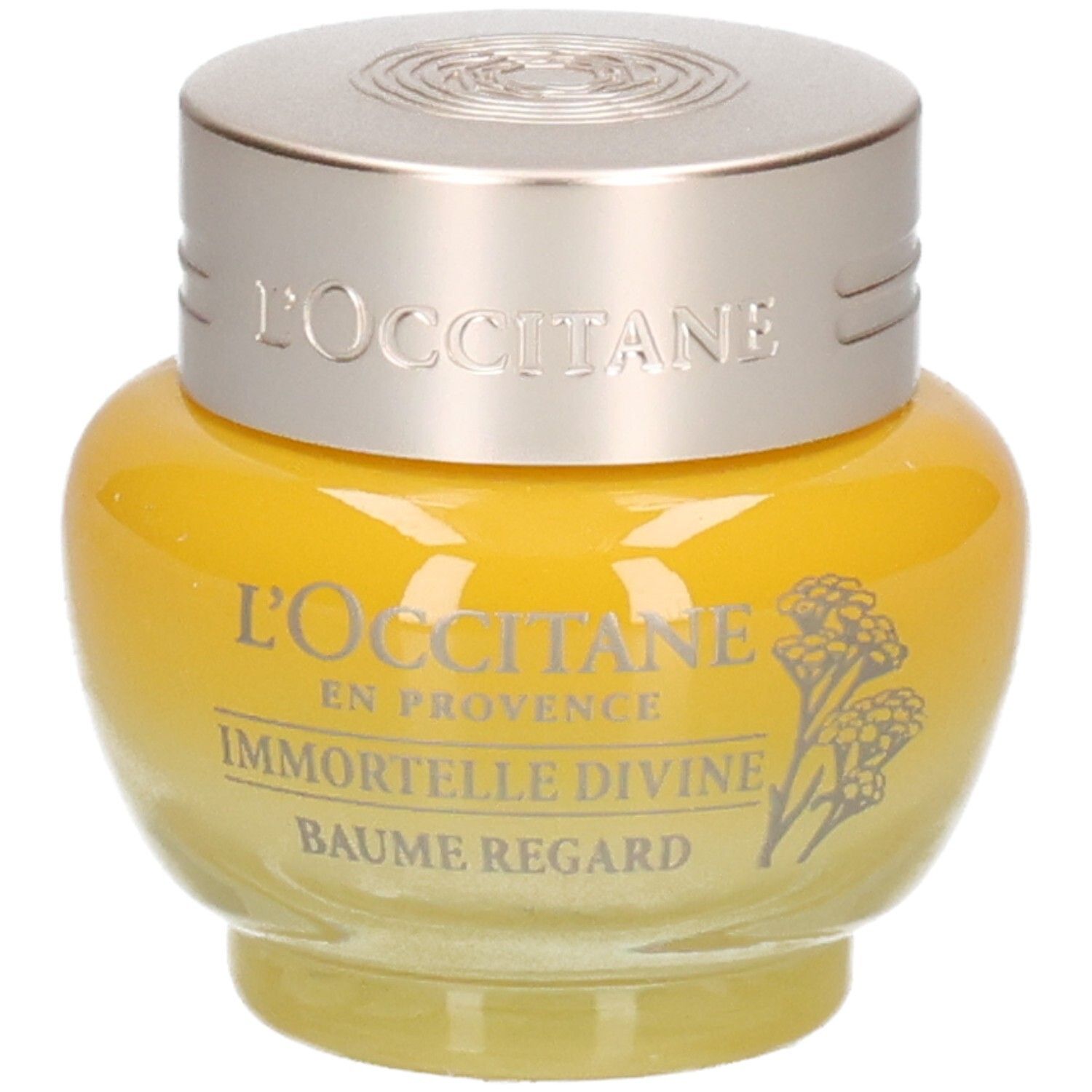 L'OCCITANE Baume Regard Immortelle Divine dans un pot jaune avec un couvercle argenté.