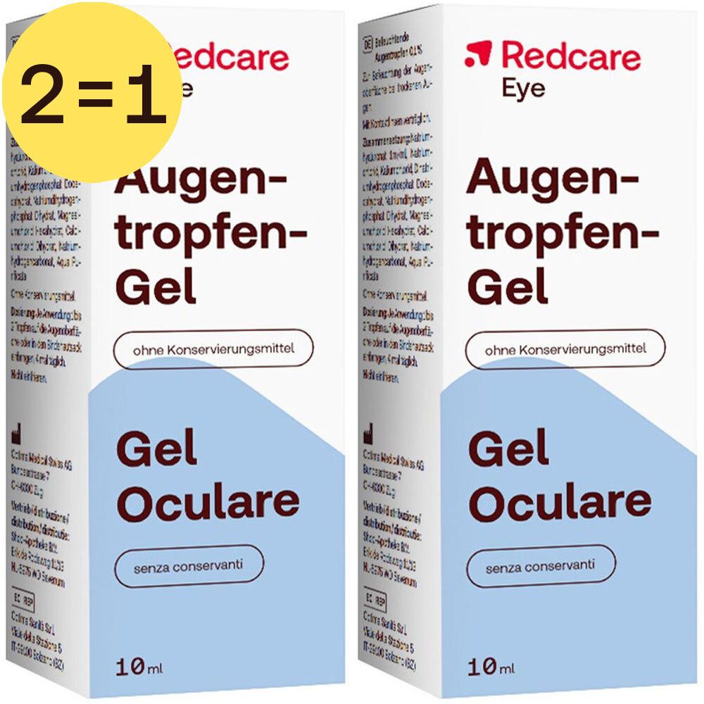 Deux boîtes de gel ophtalmique. Inscription : Redcare Eye, Augentropfen-Gel, Gel Oculare, sans conservateur, 10 ml.