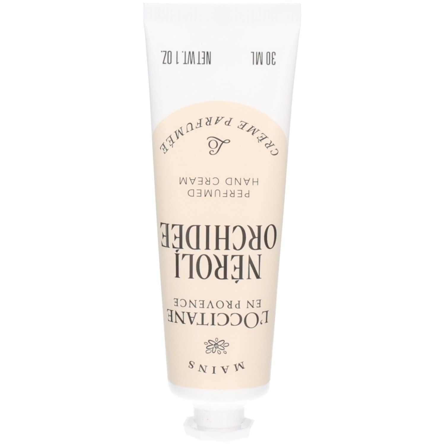 Tube blanc avec bandeau beige, Crème Mains L'Occitane Néroli & Orchidée.