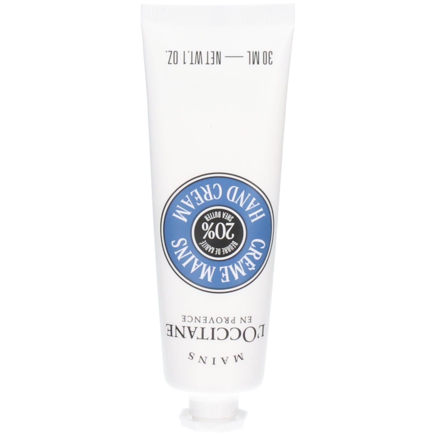 Tube blanc de crème pour les mains avec étiquette bleue indiquant 20% de beurre de karité.