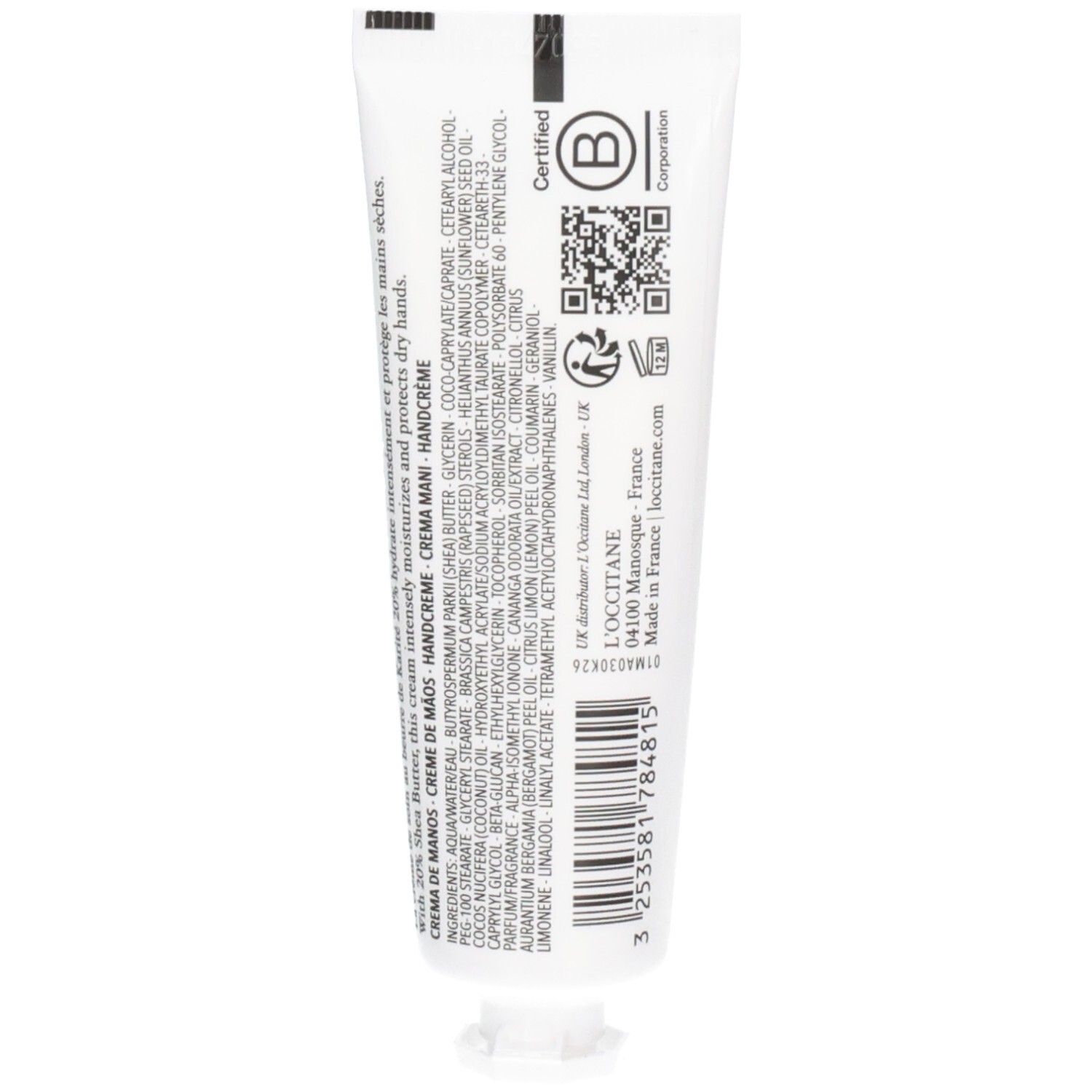 Arrière d'un tube blanc de crème pour les mains avec ingrédients et certification B Corp.