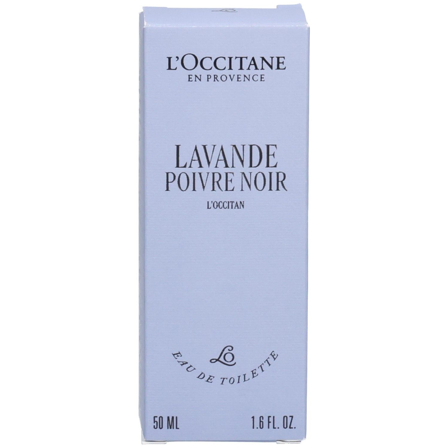 Boîte pliante bleu clair pour L'OCCITANE Eau de Toilette Lavande Poivre Noir, face avant.