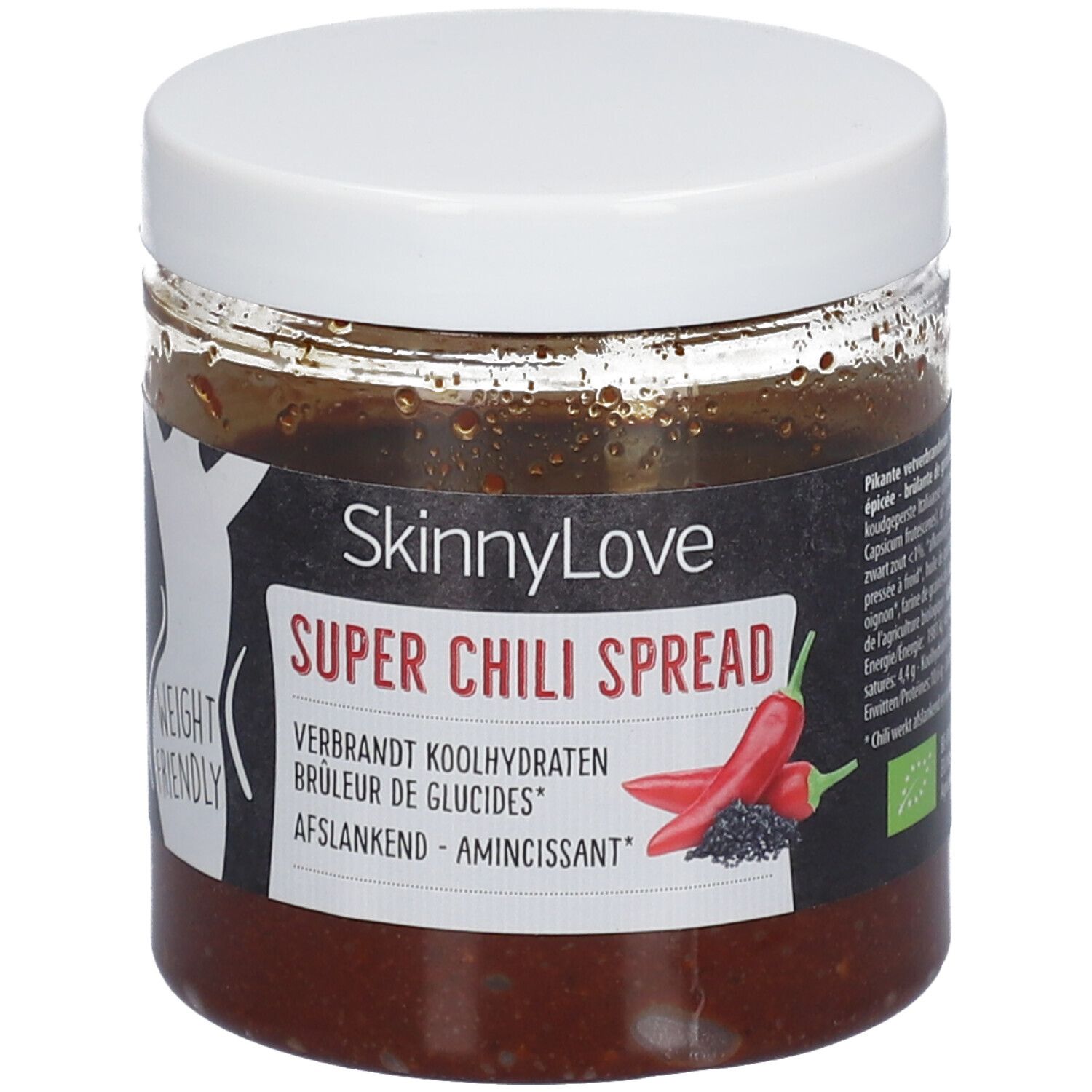 Pot en verre avec couvercle blanc et étiquette. Inscription: SkinnyLove Super Chili Spread. Label Bio.