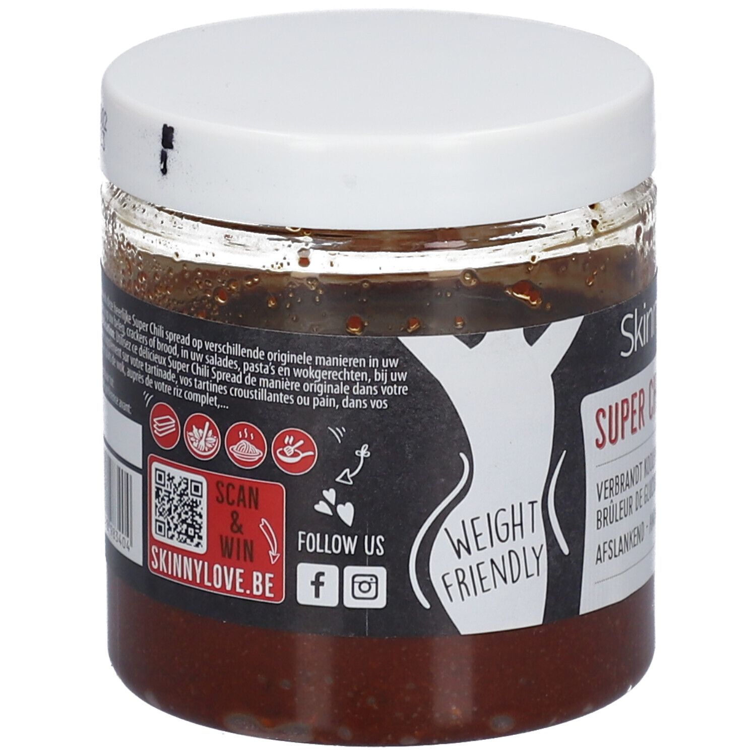 Pot en verre avec couvercle blanc et étiquette. Inscription: SkinnyLove Super Chili Spread. Code QR et icônes de médias sociaux.