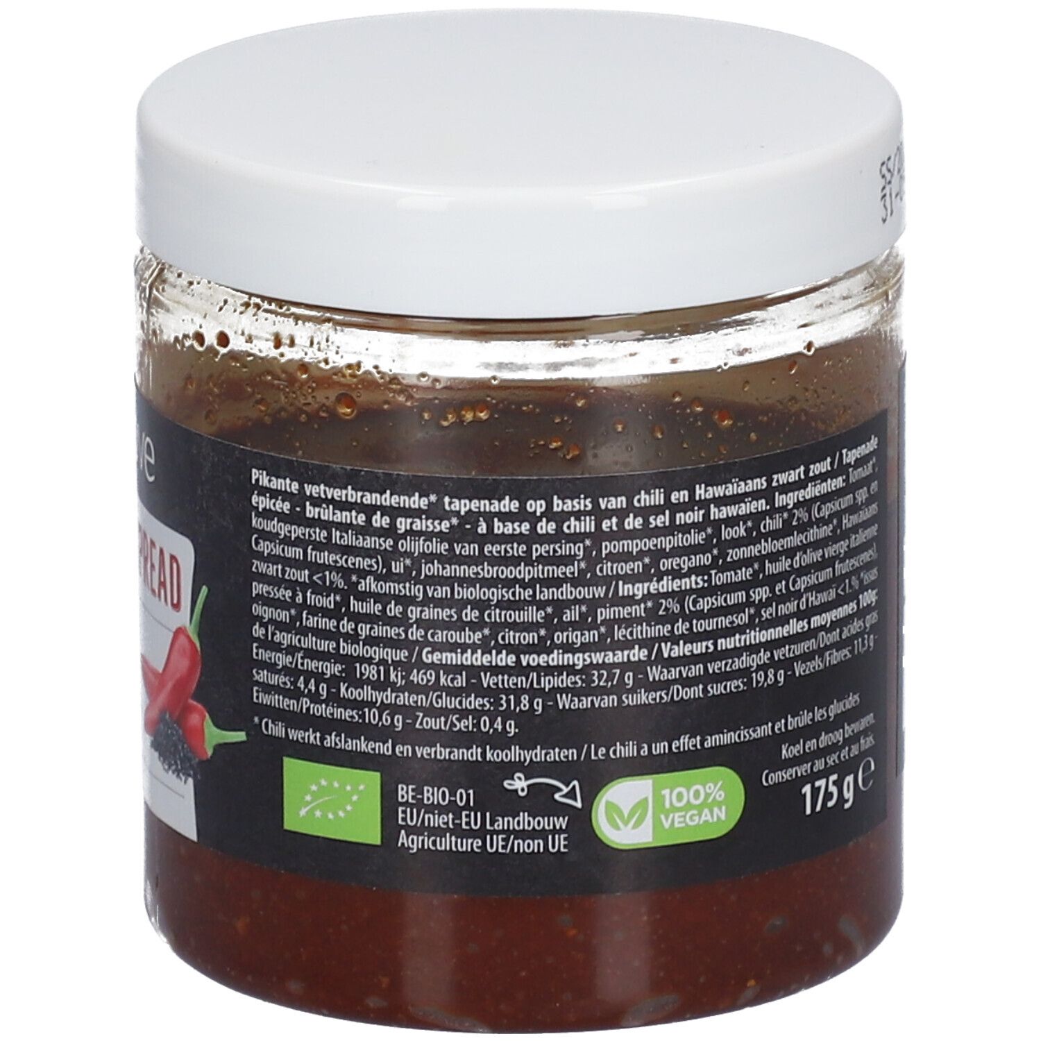 Pot en verre avec couvercle blanc et étiquette. Inscription: SkinnyLove Super Chili Spread. Label Bio, 100% Vegan et 175g.