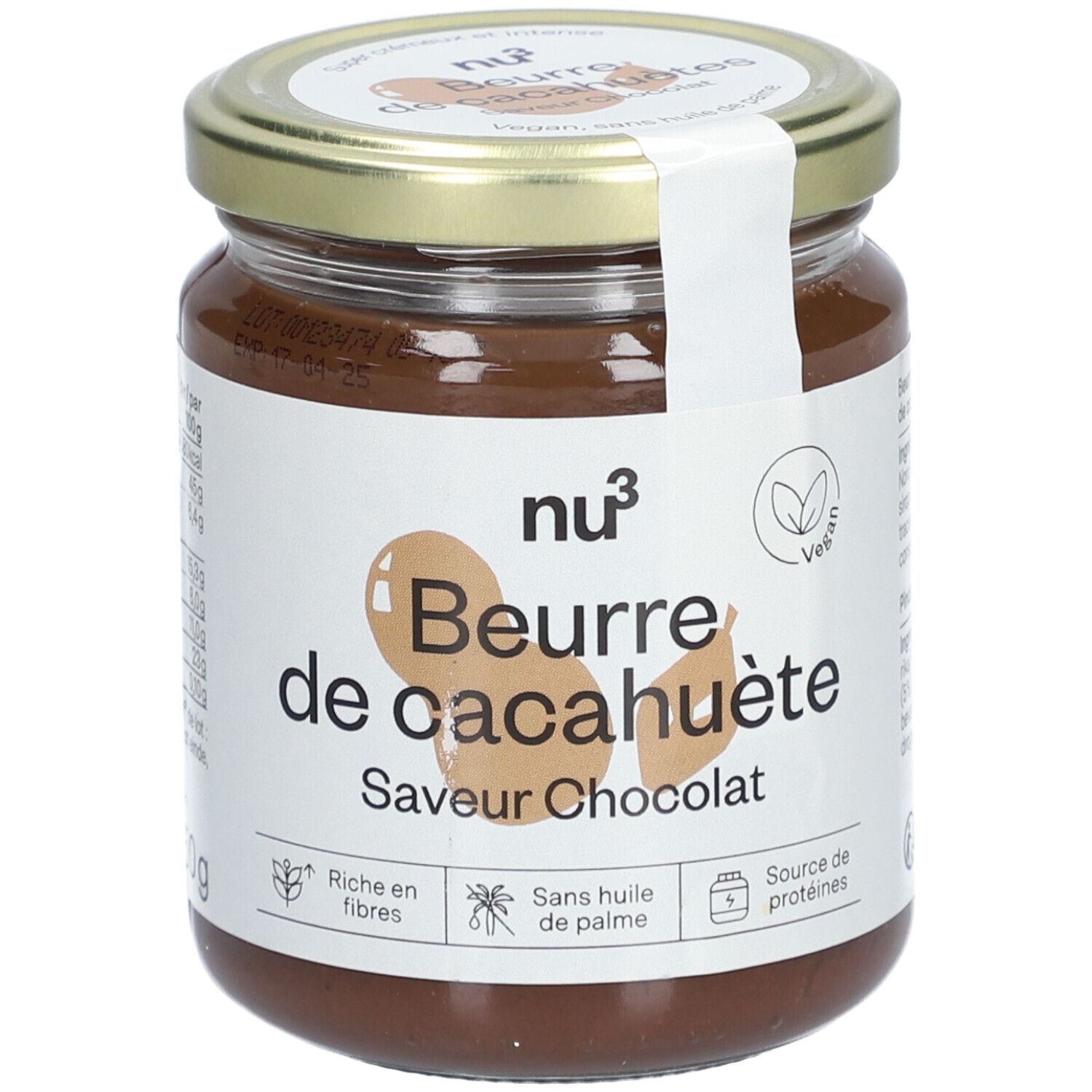Pot de beurre de cacahuète saveur chocolat. Étiquette avec logo, nom du produit, label vegan et informations nutritionnelles.