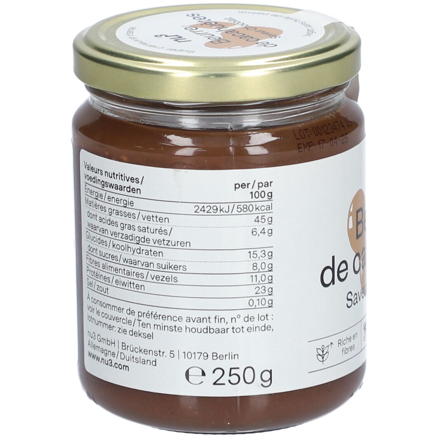 Dos du pot de beurre de cacahuète. Étiquette avec informations nutritionnelles pour 100g et quantité totale de 250g.