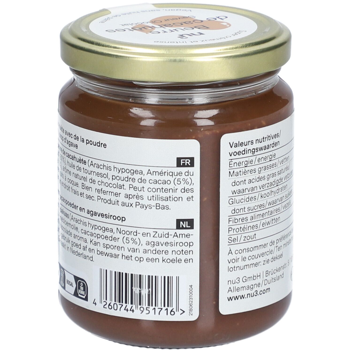 Dos du pot de beurre de cacahuète. Étiquette avec liste des ingrédients, origine et informations nutritionnelles.