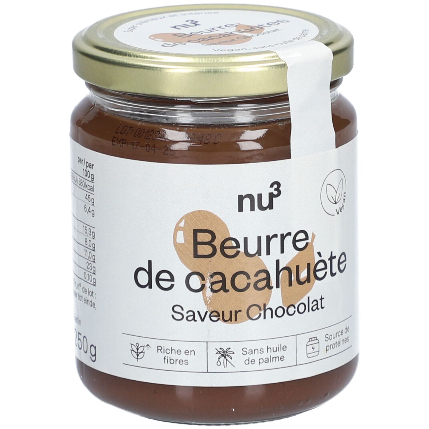 Pot de beurre de cacahuète saveur chocolat. Étiquette avec logo, nom du produit, label vegan et informations nutritionnelles.