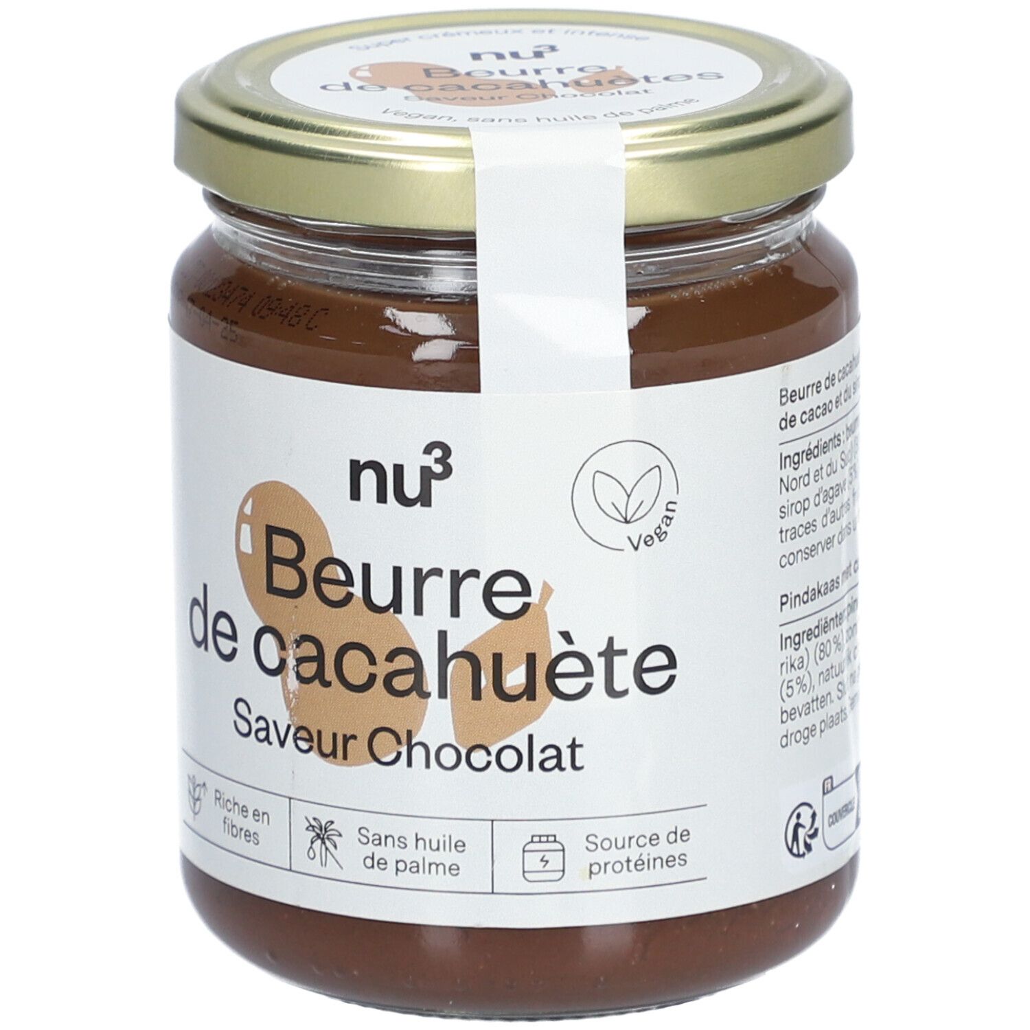 Pot de beurre de cacahuète saveur chocolat. Étiquette avec logo, nom du produit, label vegan et informations nutritionnelles.