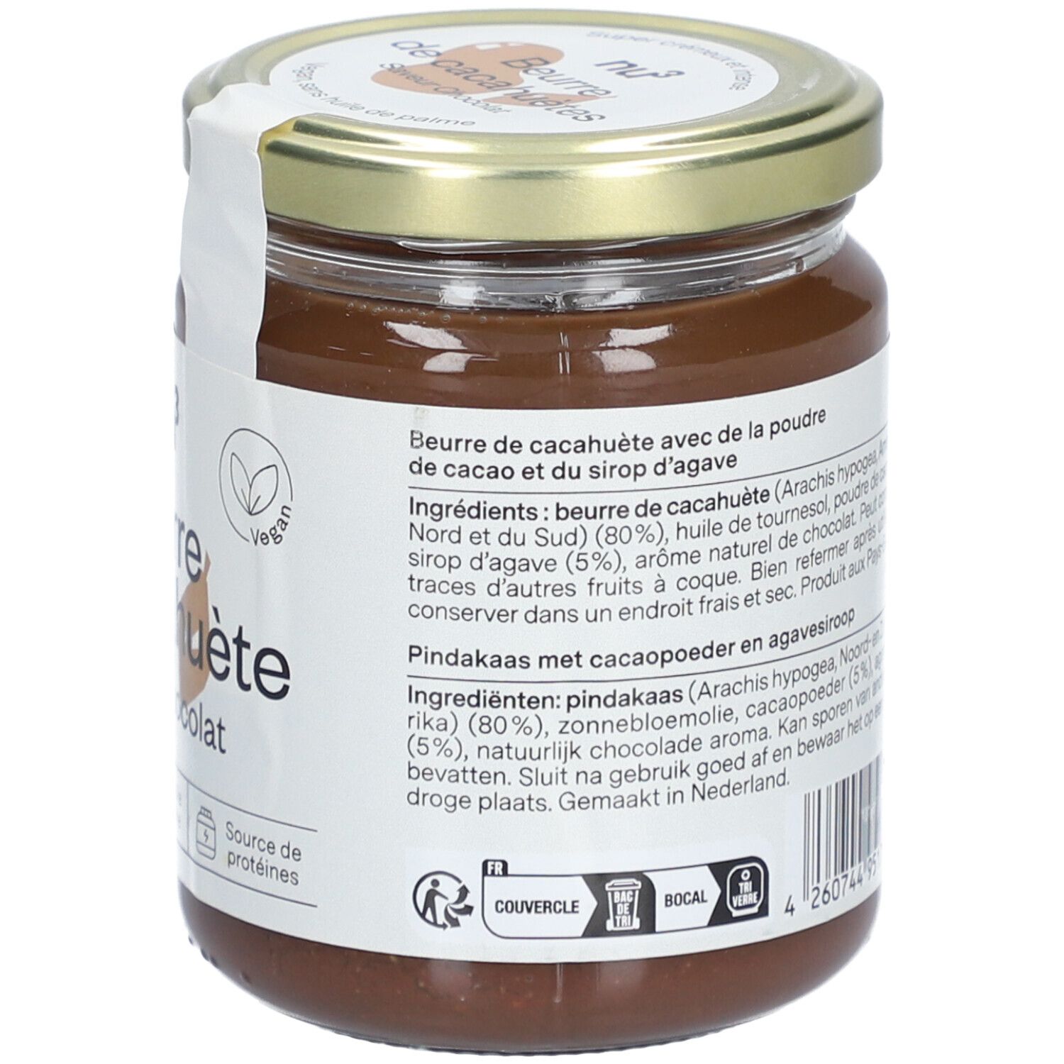 Dos du pot de beurre de cacahuète. Étiquette avec liste des ingrédients, origine et informations nutritionnelles.