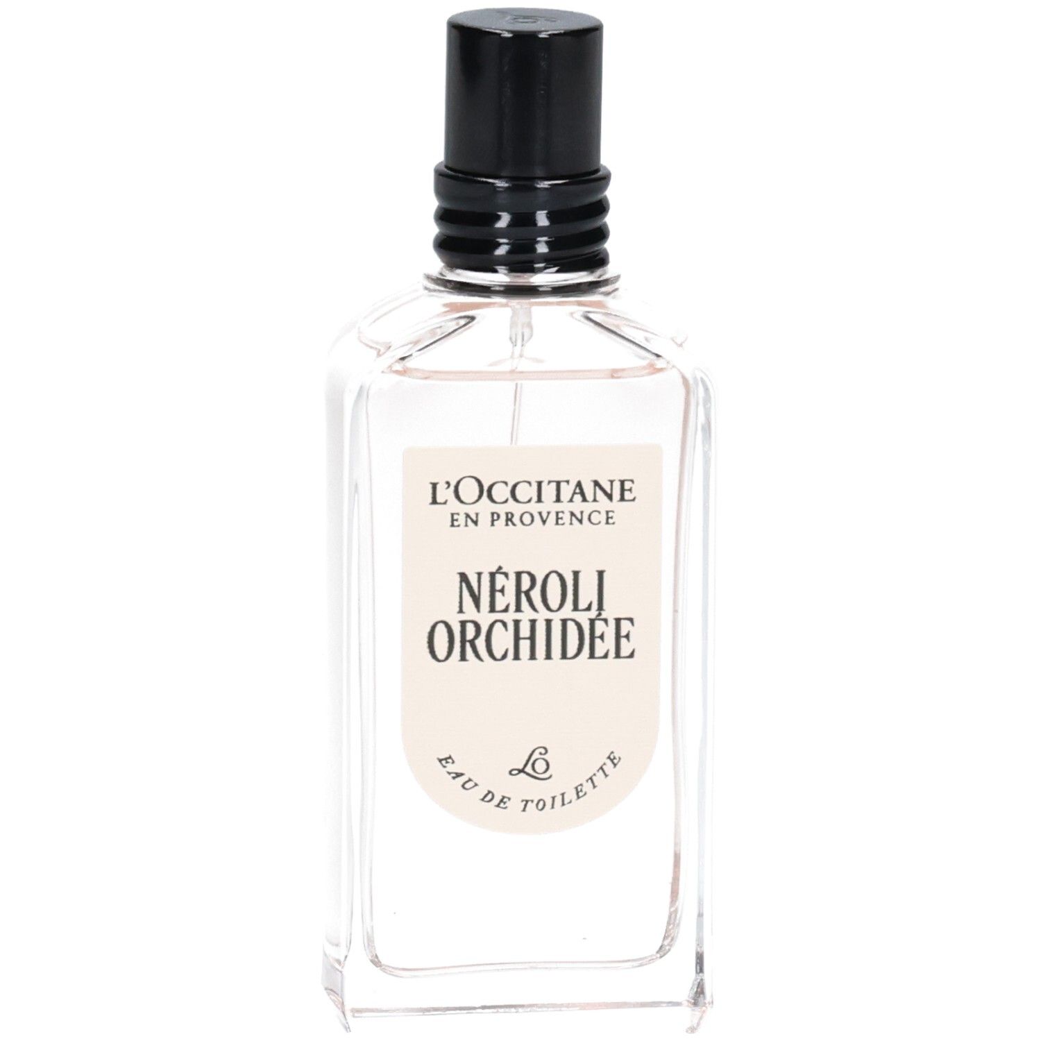 L'OCCITANE Eau de Toilette Néroli Orchidée dans un flacon en verre transparent avec vaporisateur noir et étiquette claire.