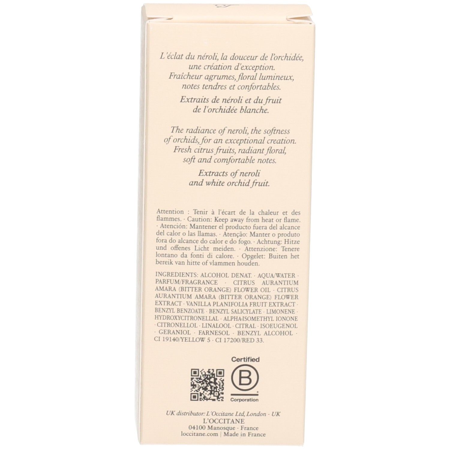 Arrière de la boîte d'emballage L'OCCITANE Eau de Toilette Néroli Orchidée avec informations produit.