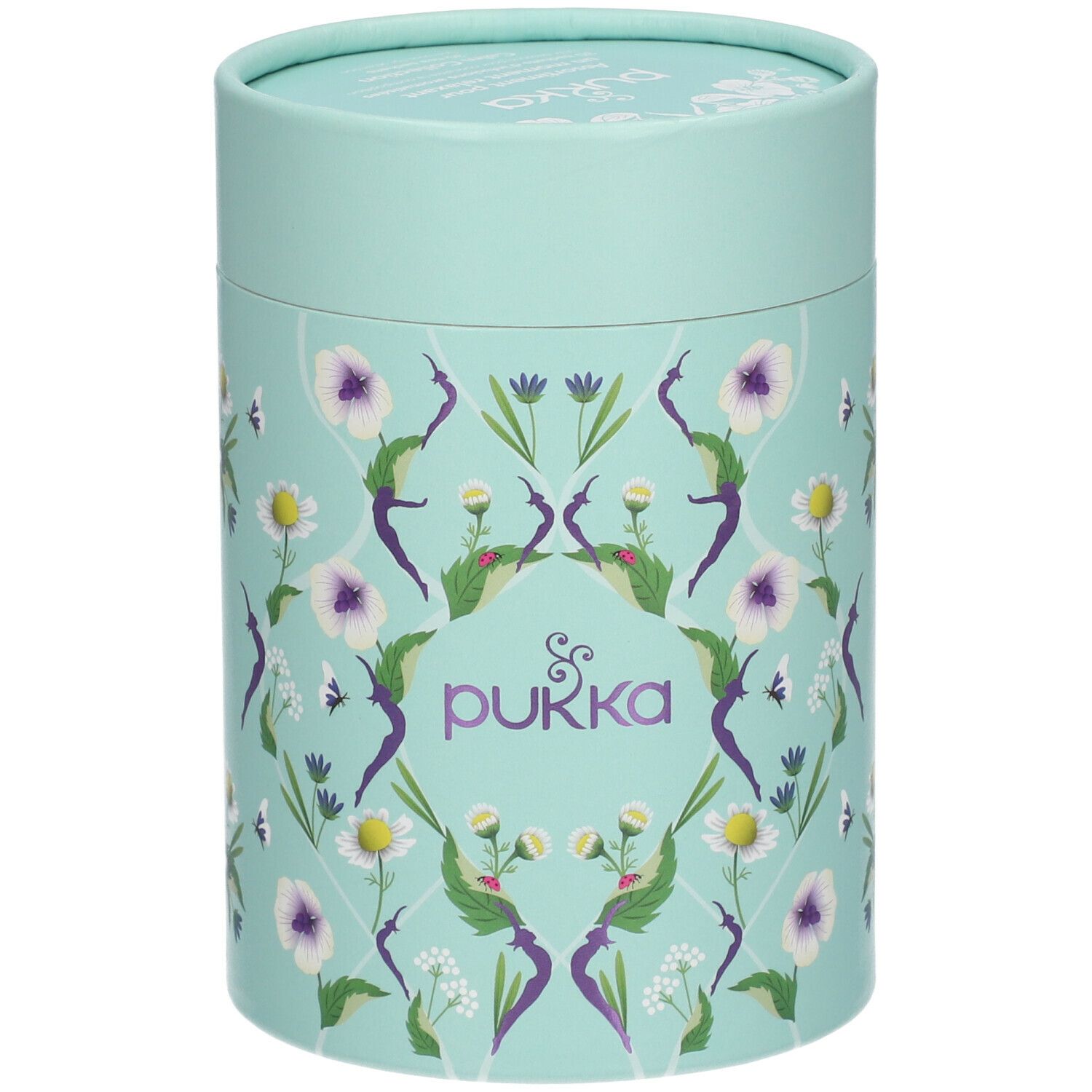 Emballage cylindrique turquoise avec motif floral et logo "pukka".
