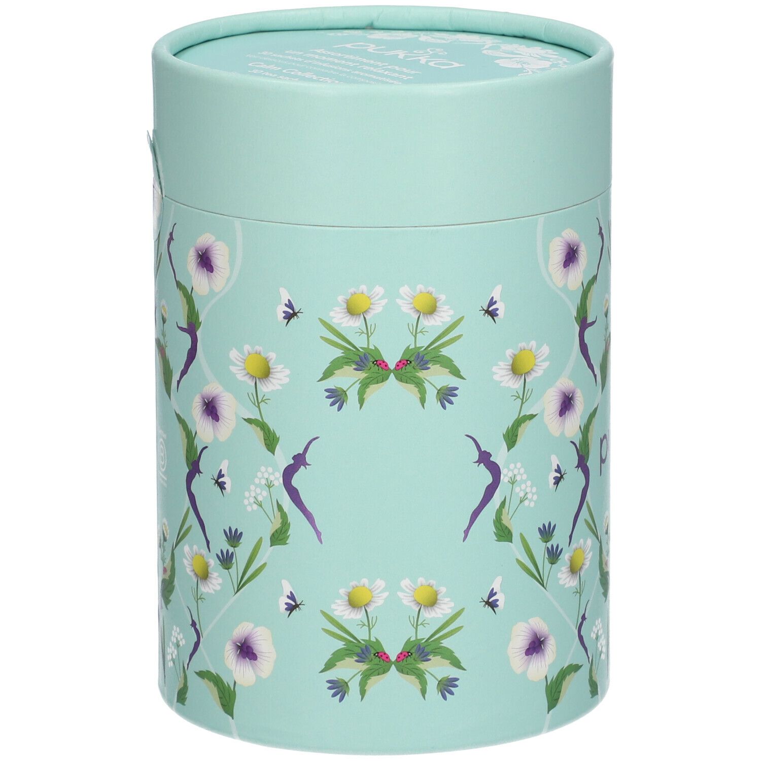 Emballage cylindrique turquoise avec motif floral. Sans logo.