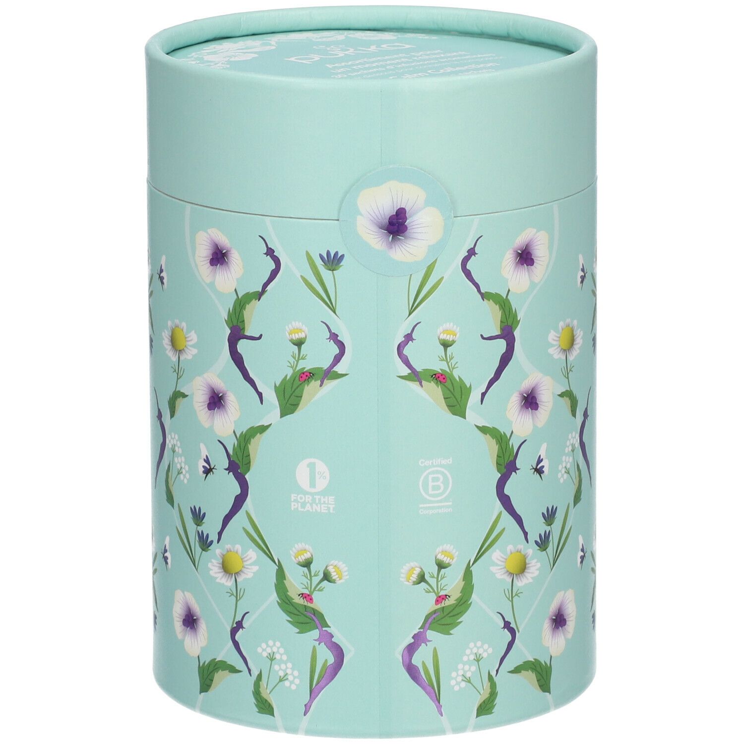 Emballage cylindrique turquoise avec motif floral, logo et sceau.