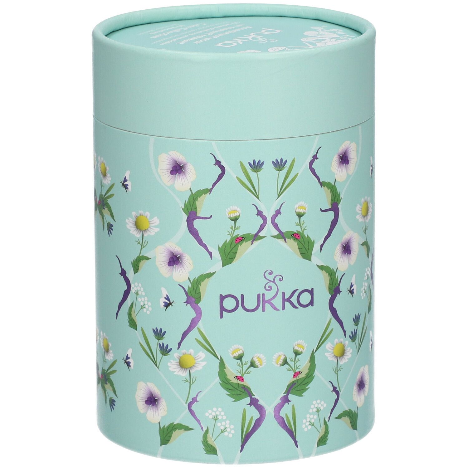 Emballage cylindrique turquoise avec motif floral et logo "pukka".