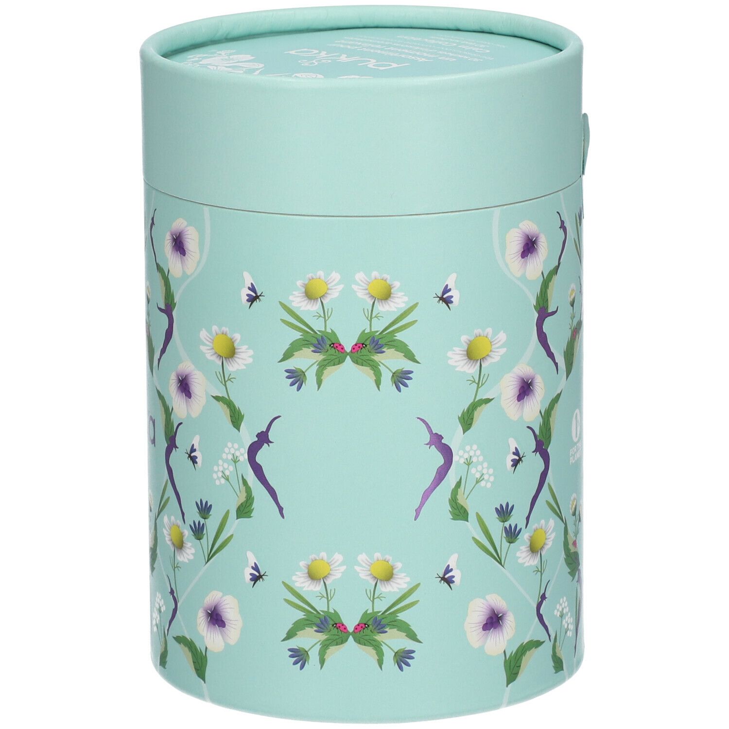 Emballage cylindrique turquoise avec motif floral. Sans logo.