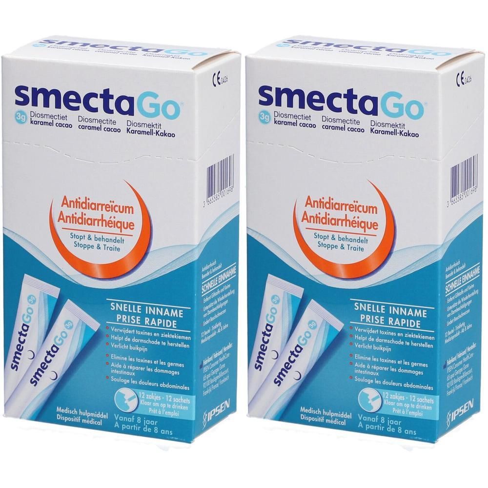 Deux boîtes de SmectaGo. Inscription: Antidiarreicum, prise rapide. Contient 12 sachets. Dispositif médical.