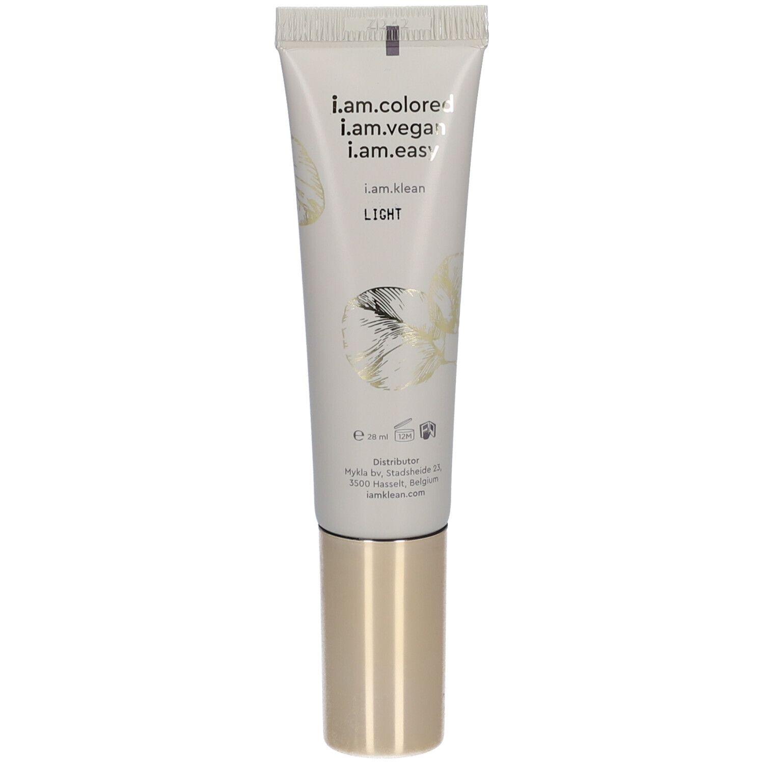 Tube de crème avec bouchon doré. Inscription : i.am.klean, i.am.vegan, i.am.easy, i.am.colore. Teinte : Light. Motif floral.