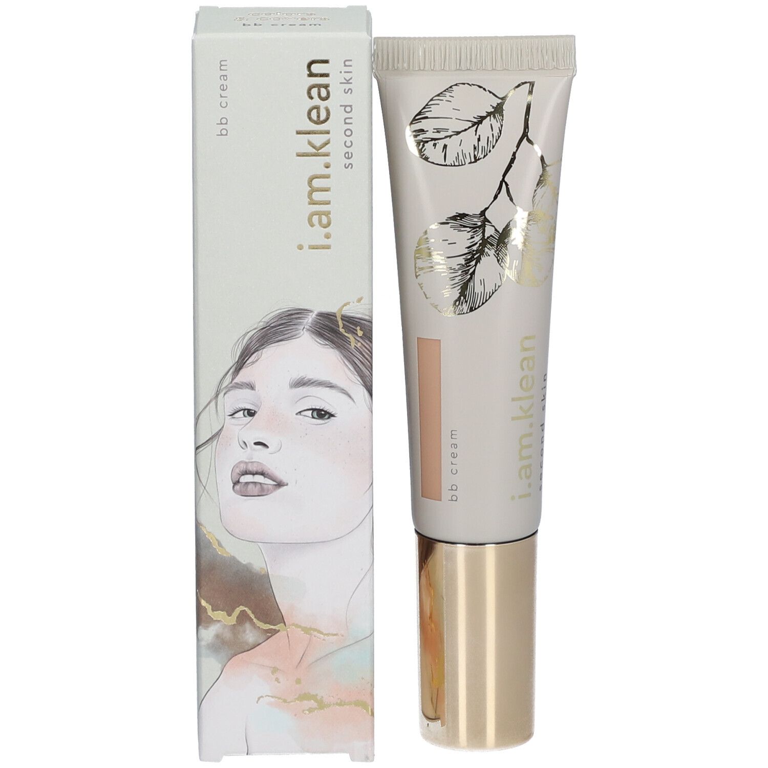 Emballage du produit avec tube et boîte. Inscription : i.am.klean, second skin, bb cream. Image d'un visage.
