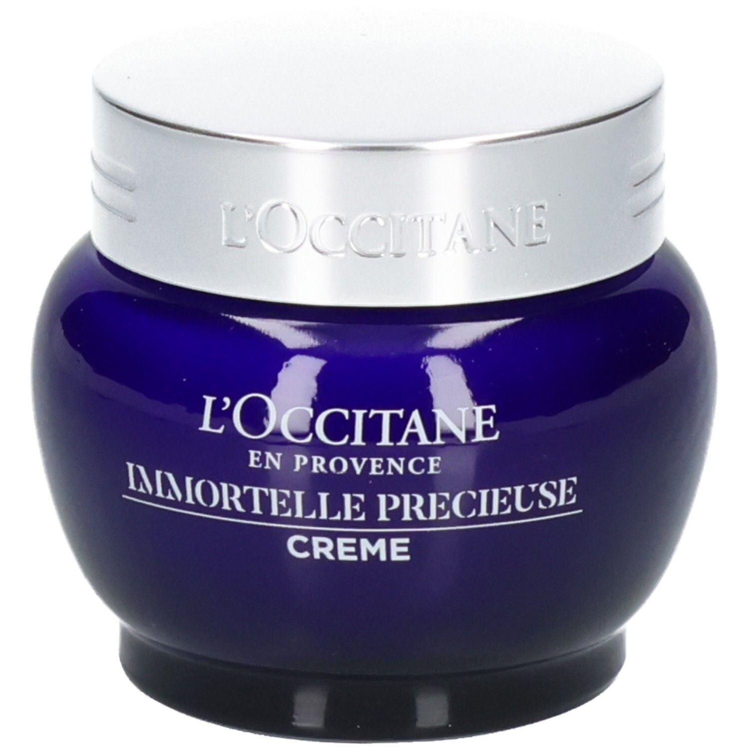L'OCCITANE Immortelle Précieuse Crème dans un pot en verre bleu avec un couvercle argenté.