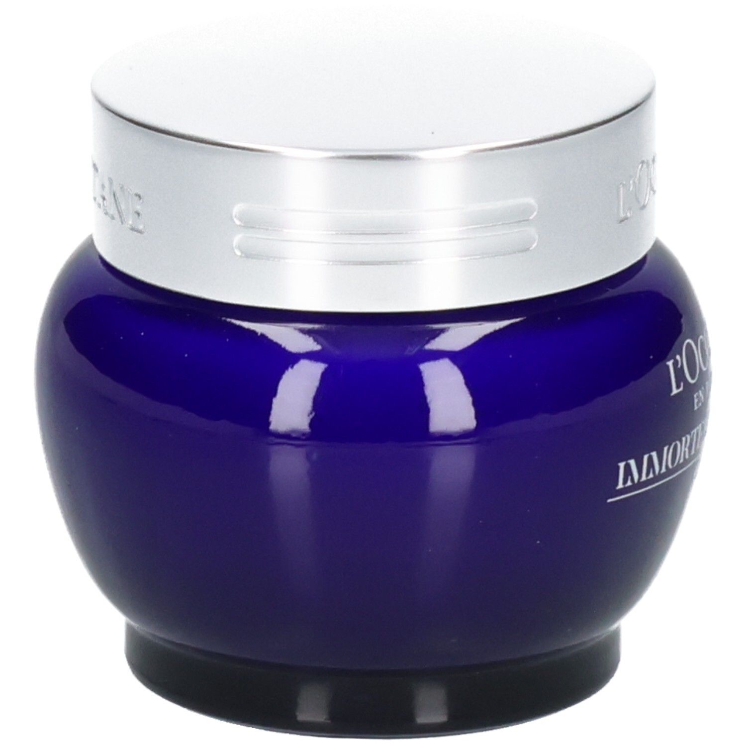 L'OCCITANE Immortelle Précieuse Crème dans un pot en verre bleu avec un couvercle argenté.