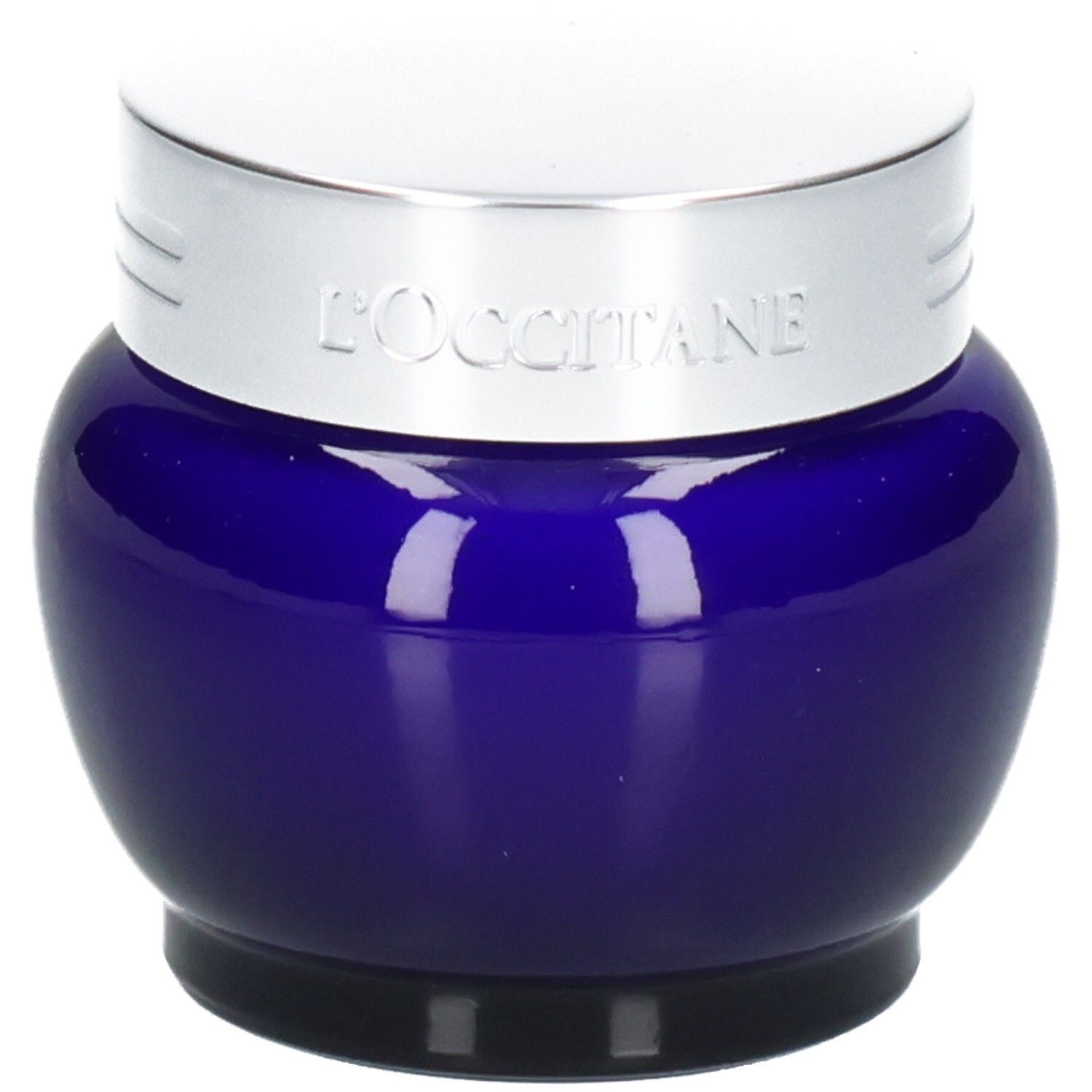 L'OCCITANE Immortelle Précieuse Crème dans un pot en verre bleu avec un couvercle argenté.