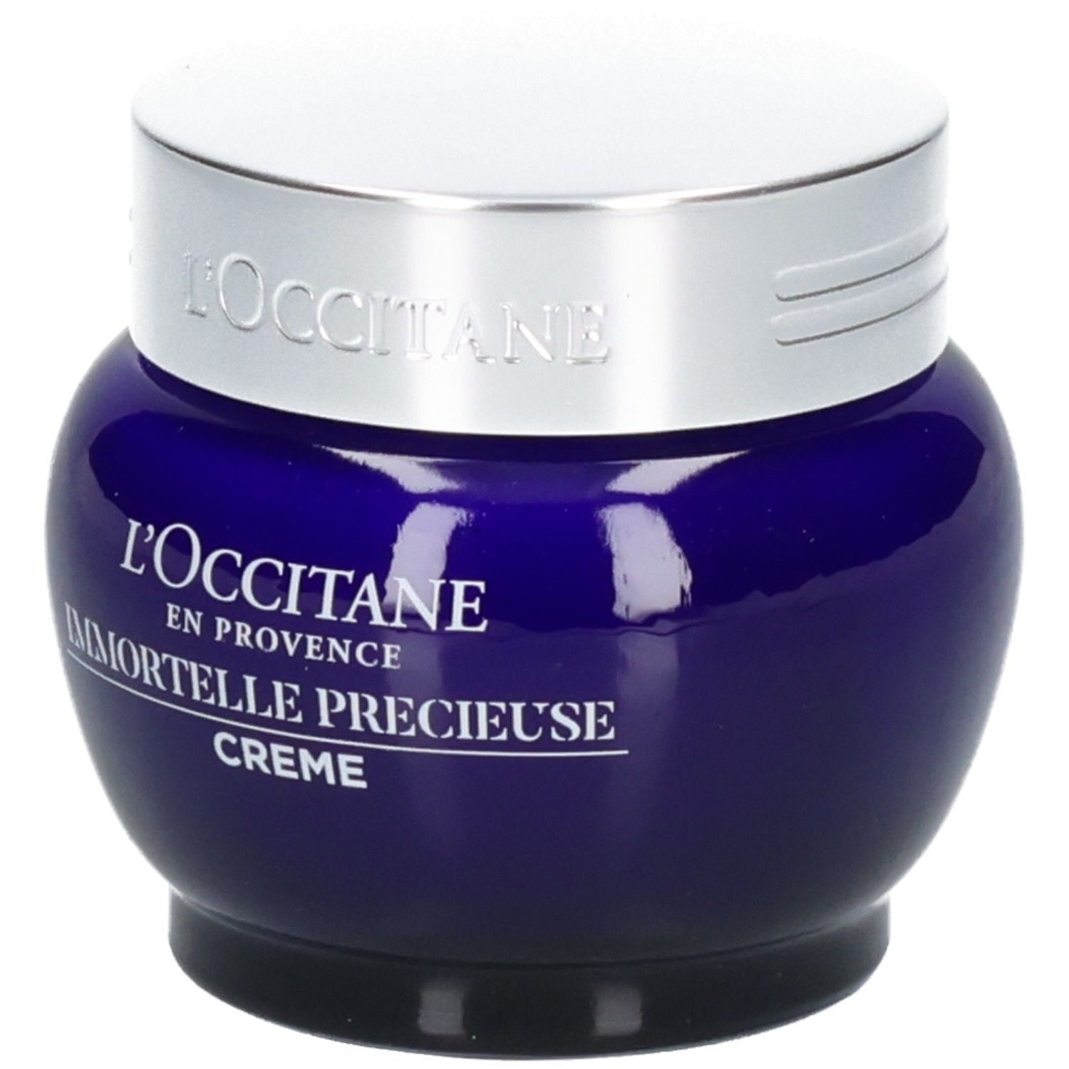 L'OCCITANE Immortelle Précieuse Crème dans un pot en verre bleu avec un couvercle argenté.