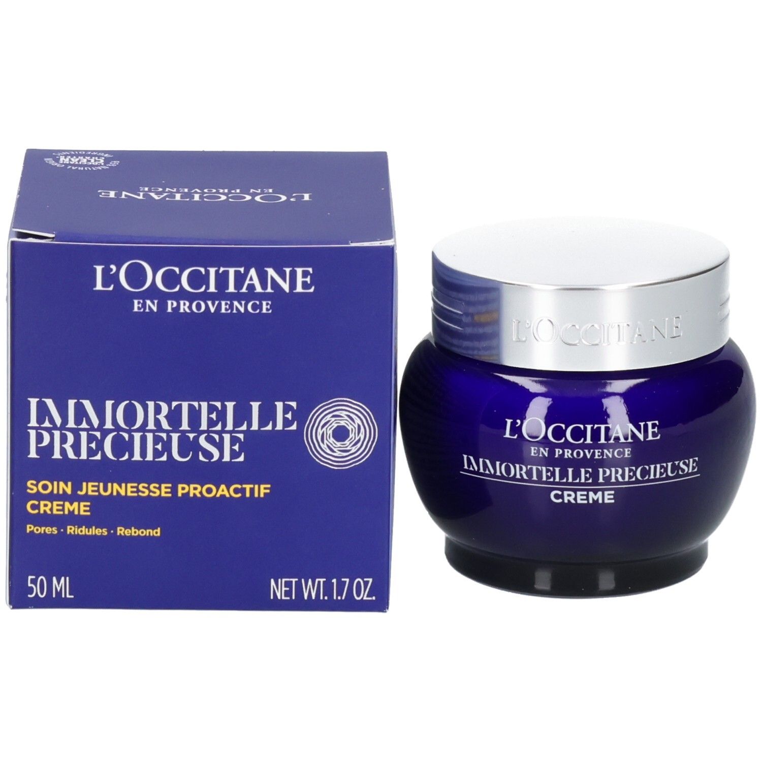 L'OCCITANE Immortelle Précieuse Crème et son emballage. Pot bleu avec couvercle argenté, boîte bleue avec informations sur le produit.
