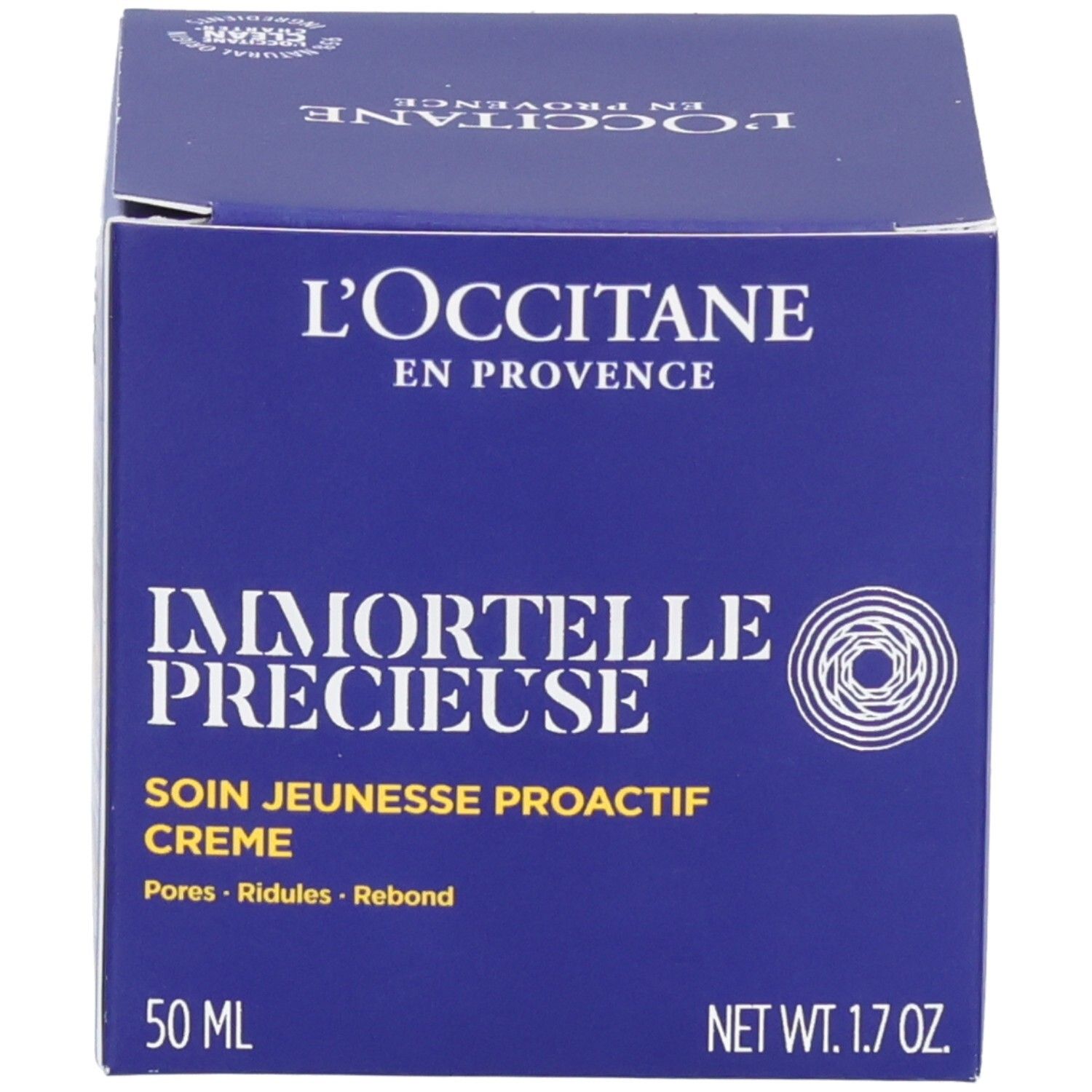 Emballage de la L'OCCITANE Immortelle Précieuse Crème. Boîte bleue avec informations sur le produit, y compris 50 ml et NET WT. 1.7 OZ.