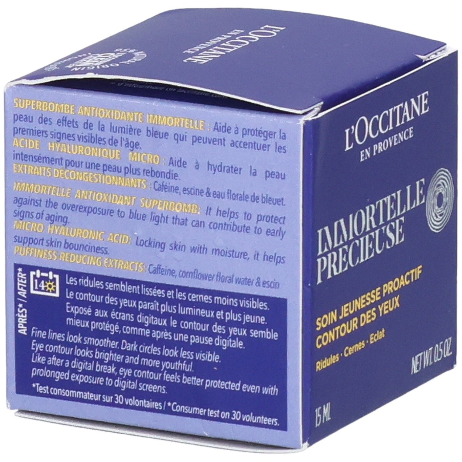 Boîte L'Occitane Immortelle Précieuse Soin Contour des Yeux, verso avec ingrédients et instructions.