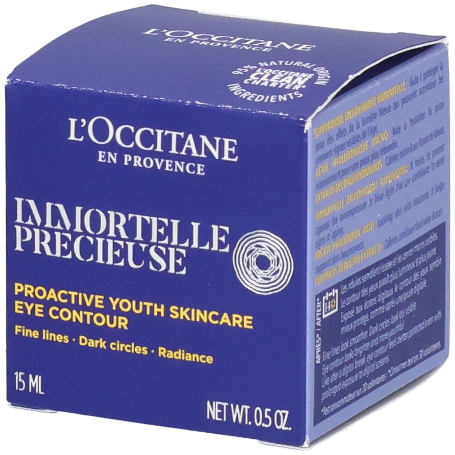 Boîte L'Occitane Immortelle Précieuse Soin Contour des Yeux, 15ml, "Proactive Youth Skincare".
