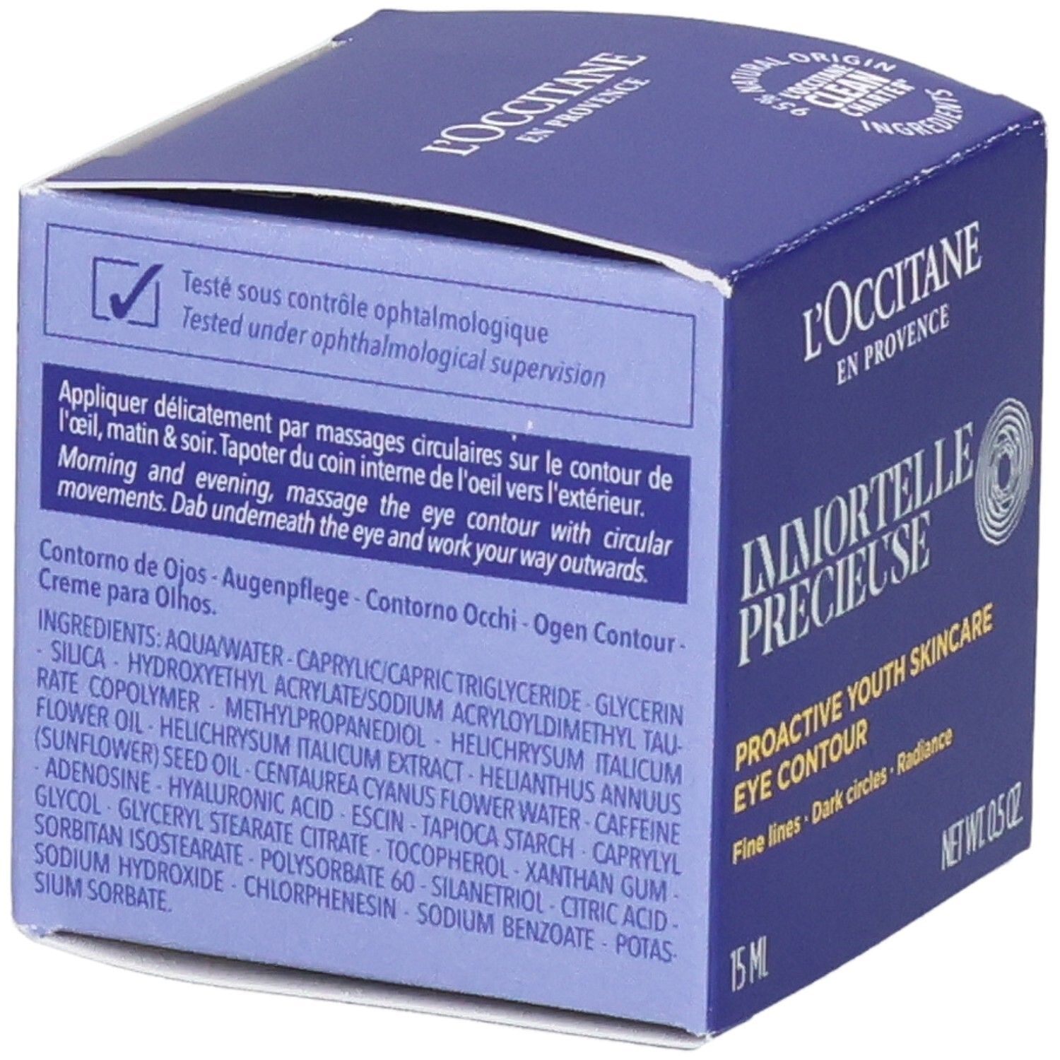 Boîte L'Occitane Immortelle Précieuse Soin Contour des Yeux, côté avec ingrédients et instructions.