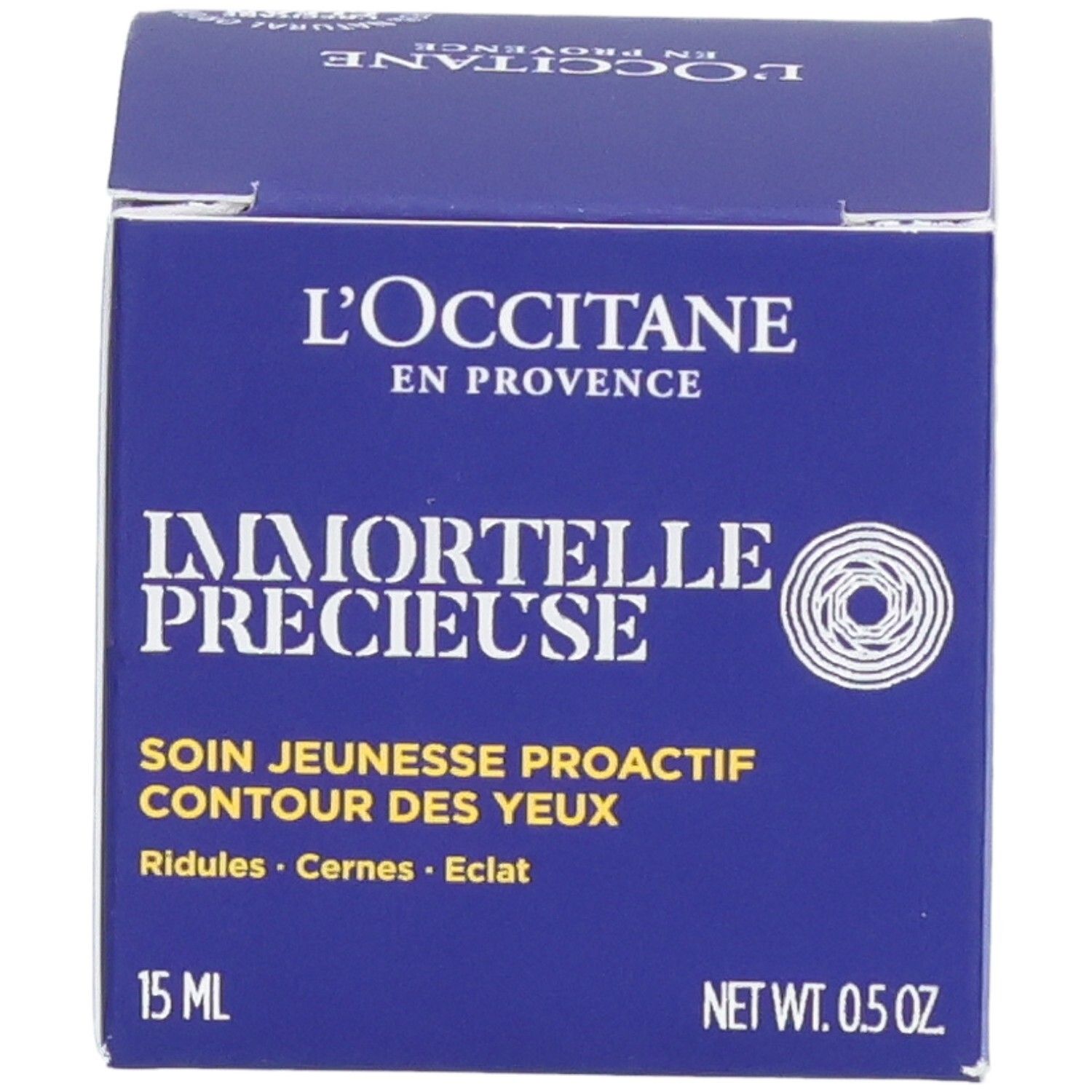 Boîte L'Occitane Immortelle Précieuse Soin Contour des Yeux, 15ml, sceau "Testé sous contrôle ophtalmologique".